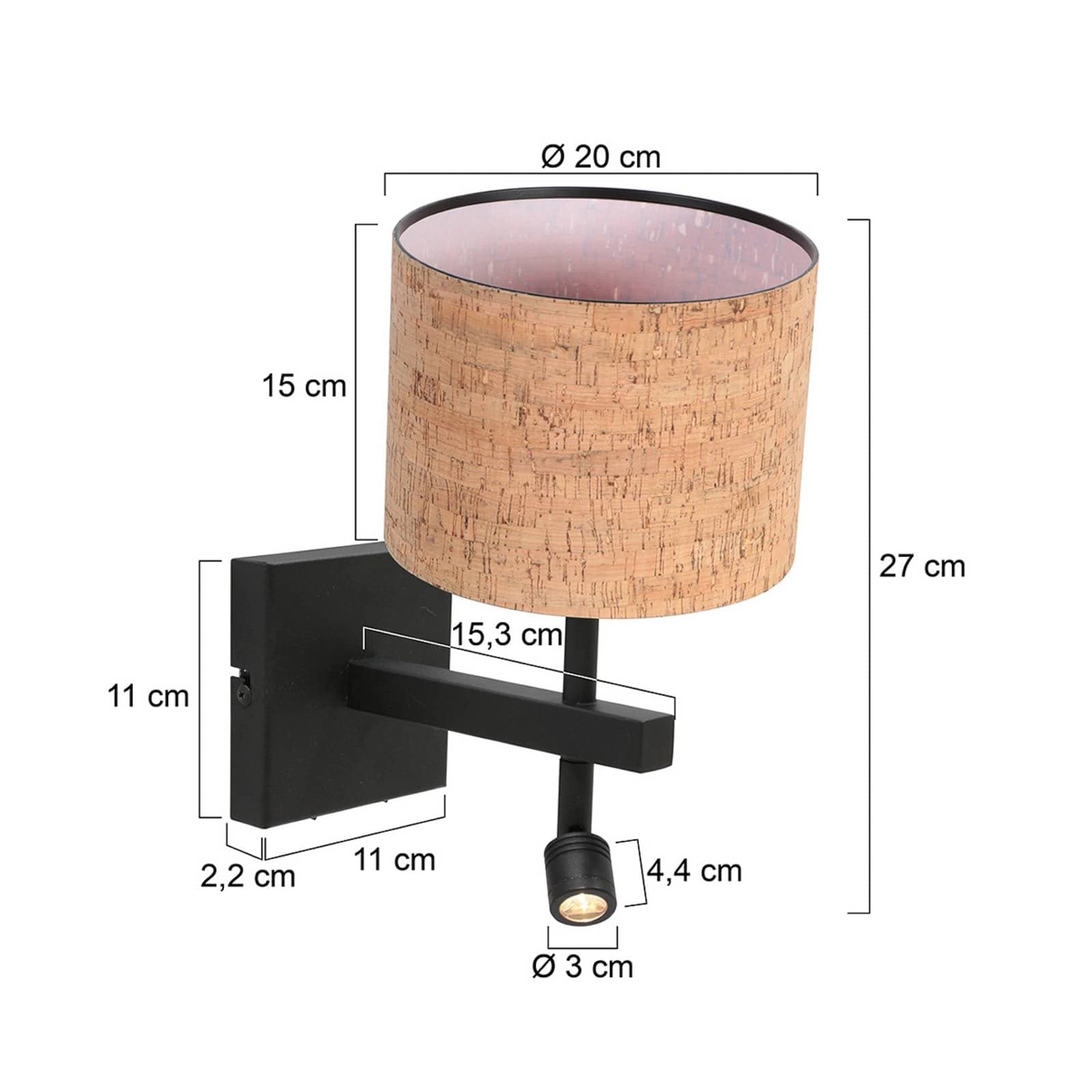 Nástenné svetlo Stang, čierna/hnedá LED lampa na citanie Výška 27 cm Korok