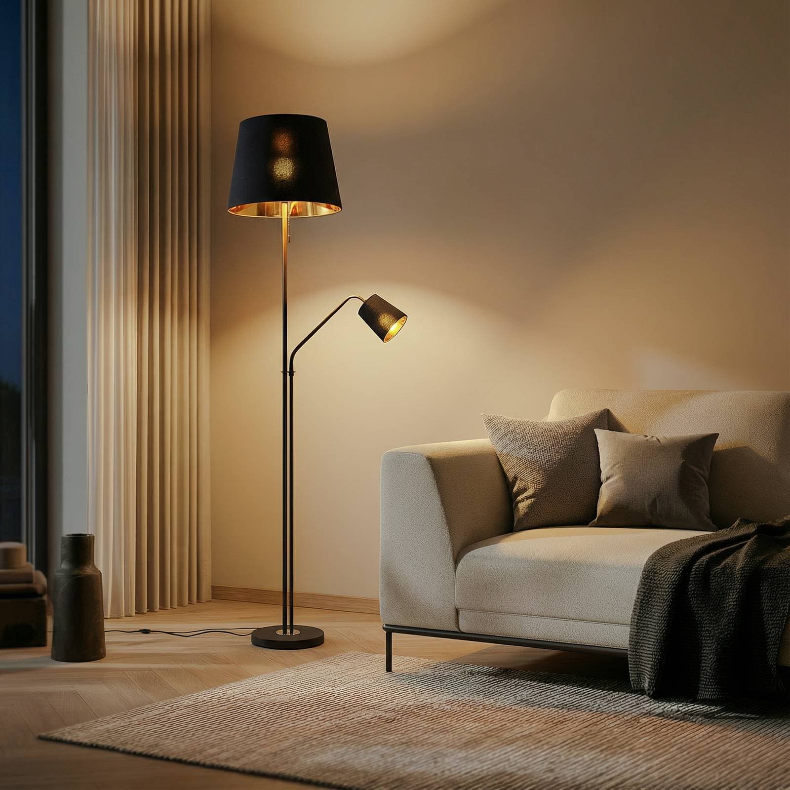 Stojacia lampa Lindby Efalia, čierna/zlatá, textil, svetlo na čítanie