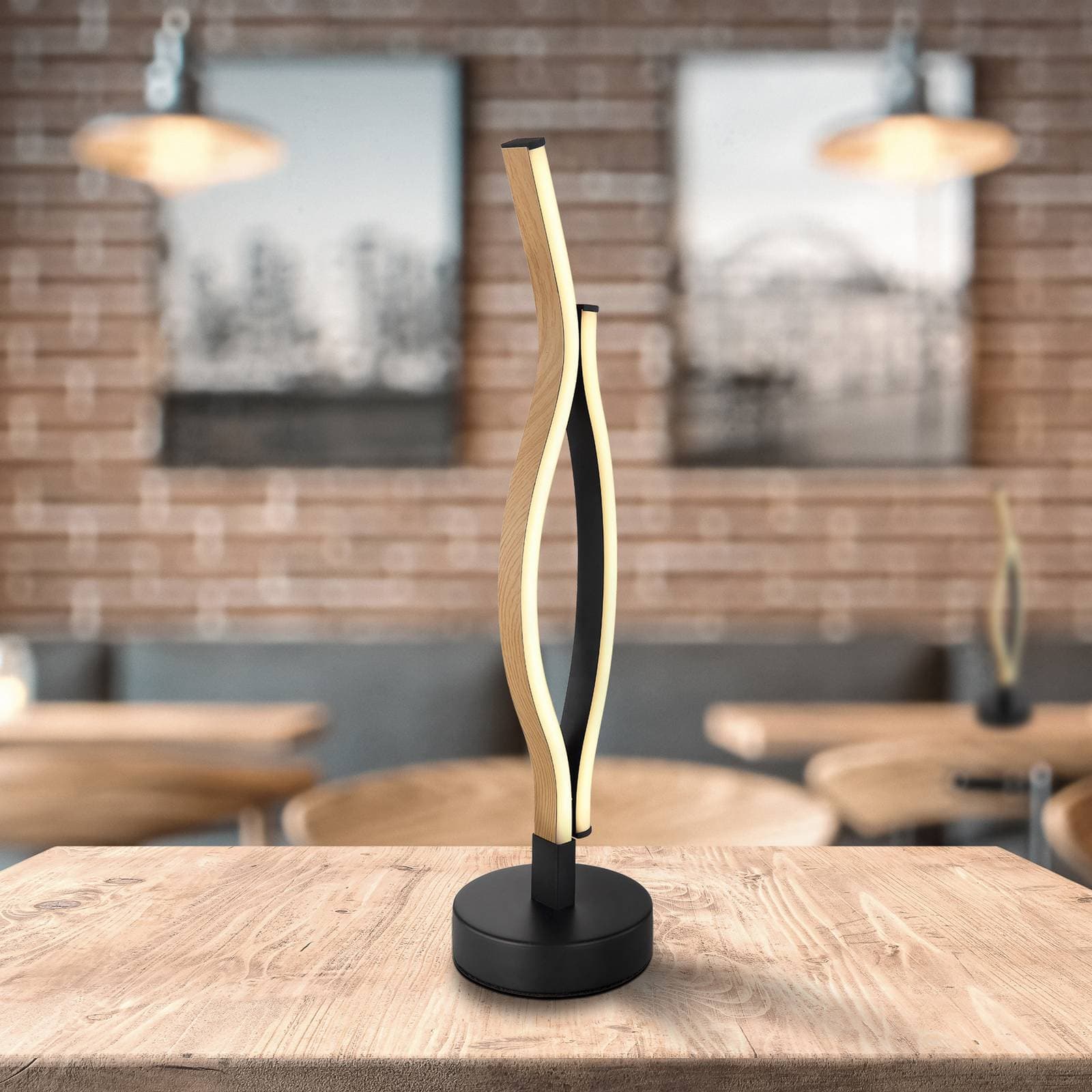 Stolová LED lampa Geronimo, výška 47 cm, čierna/drevený vzhľad
