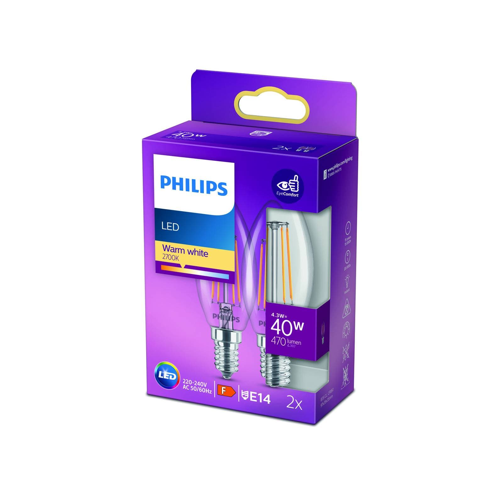 Philips LED sviečka filament E14 4,3W 2 700K 2 ks