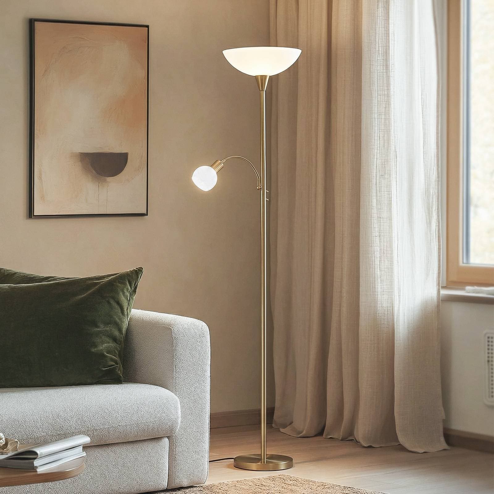 Stojacia lampa Lindby Elaina, svetlo na čítanie, mosadzná farba, 183cm E27