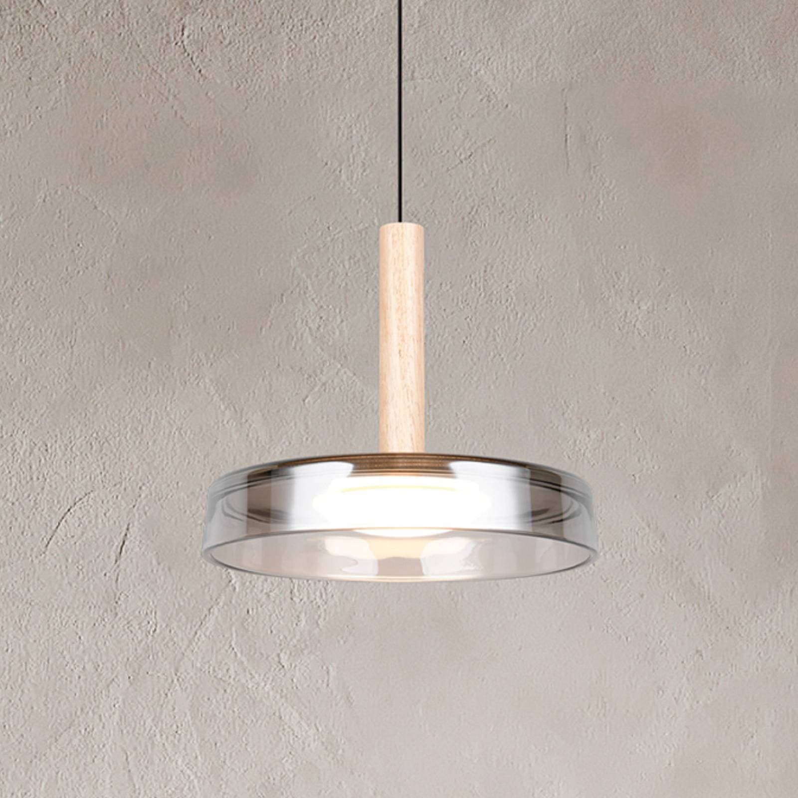 LED závesné svietidlo Celeste, chróm/drevo, Ø 22 cm, sklo, stmievateľné