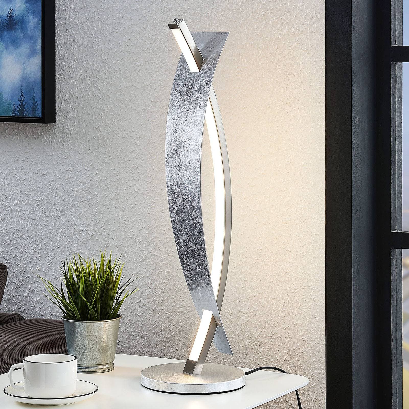 Stolná LED lampa Lucande Marija, strieborná farba, stmievateľná, 62 cm