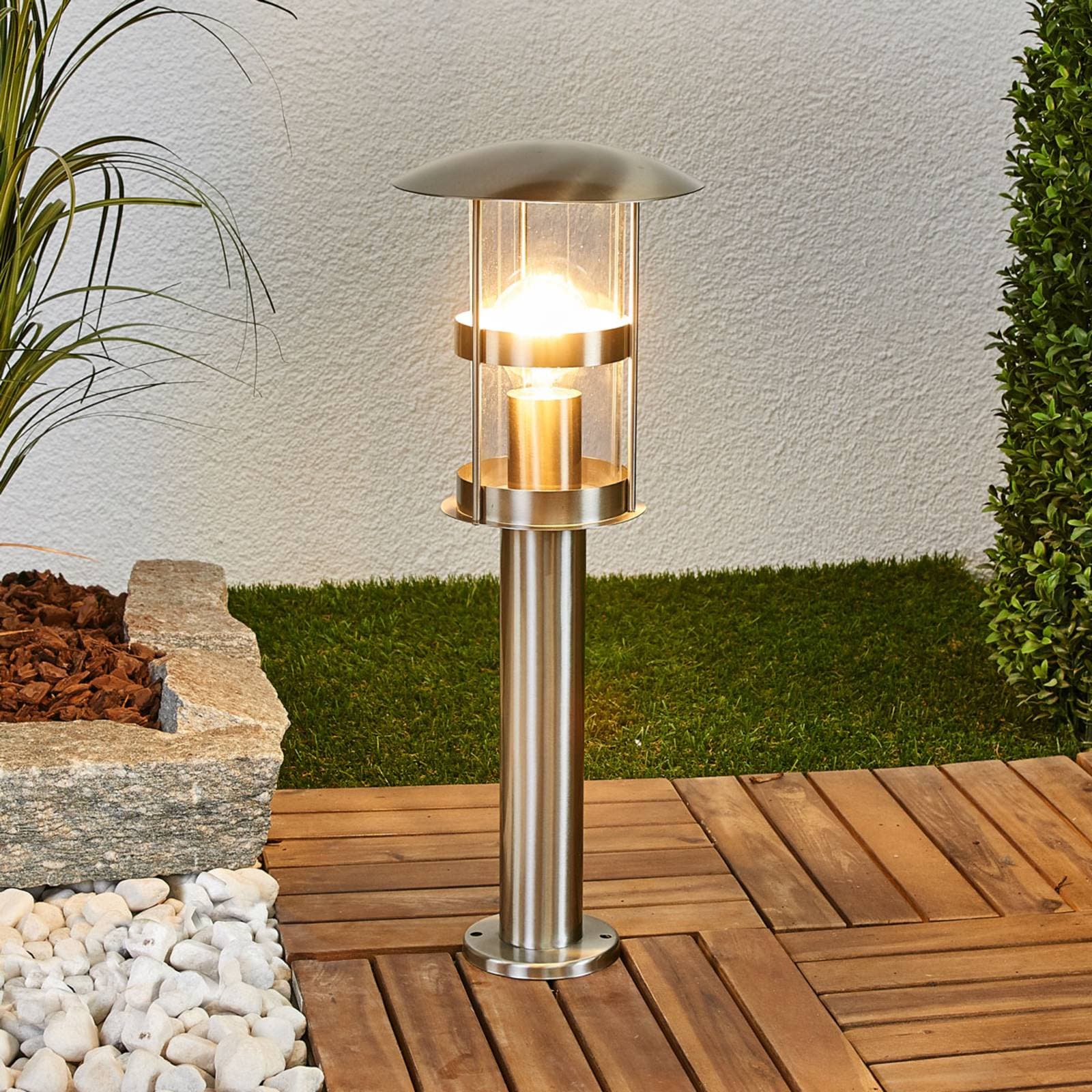 Lindby Stojaca lampa Noemi, sivá, nerezová oceľ, 50 cm, IP44