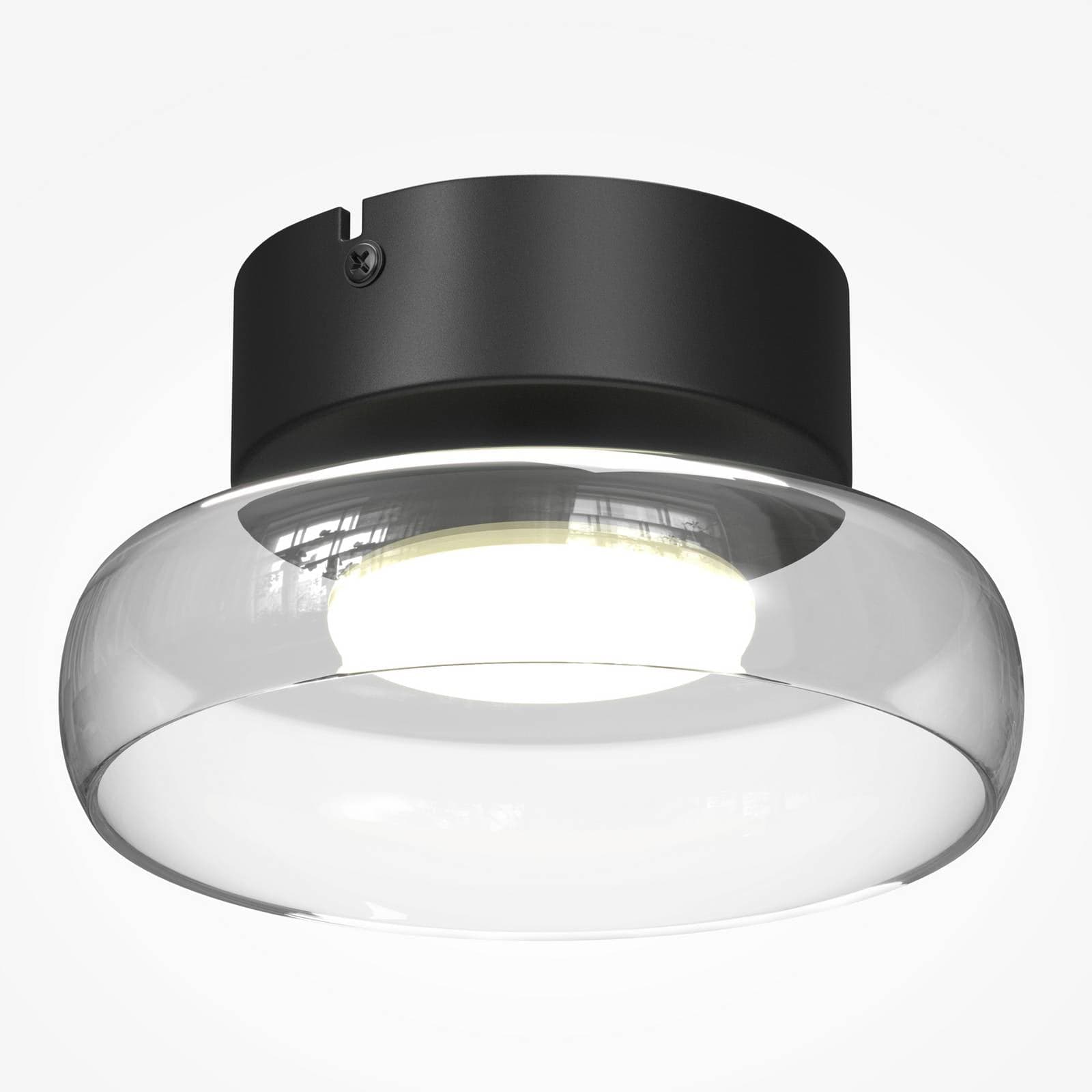 Stropné LED svetlo FLOAT, číre/čierne, Ø 20 cm, sklo/kov