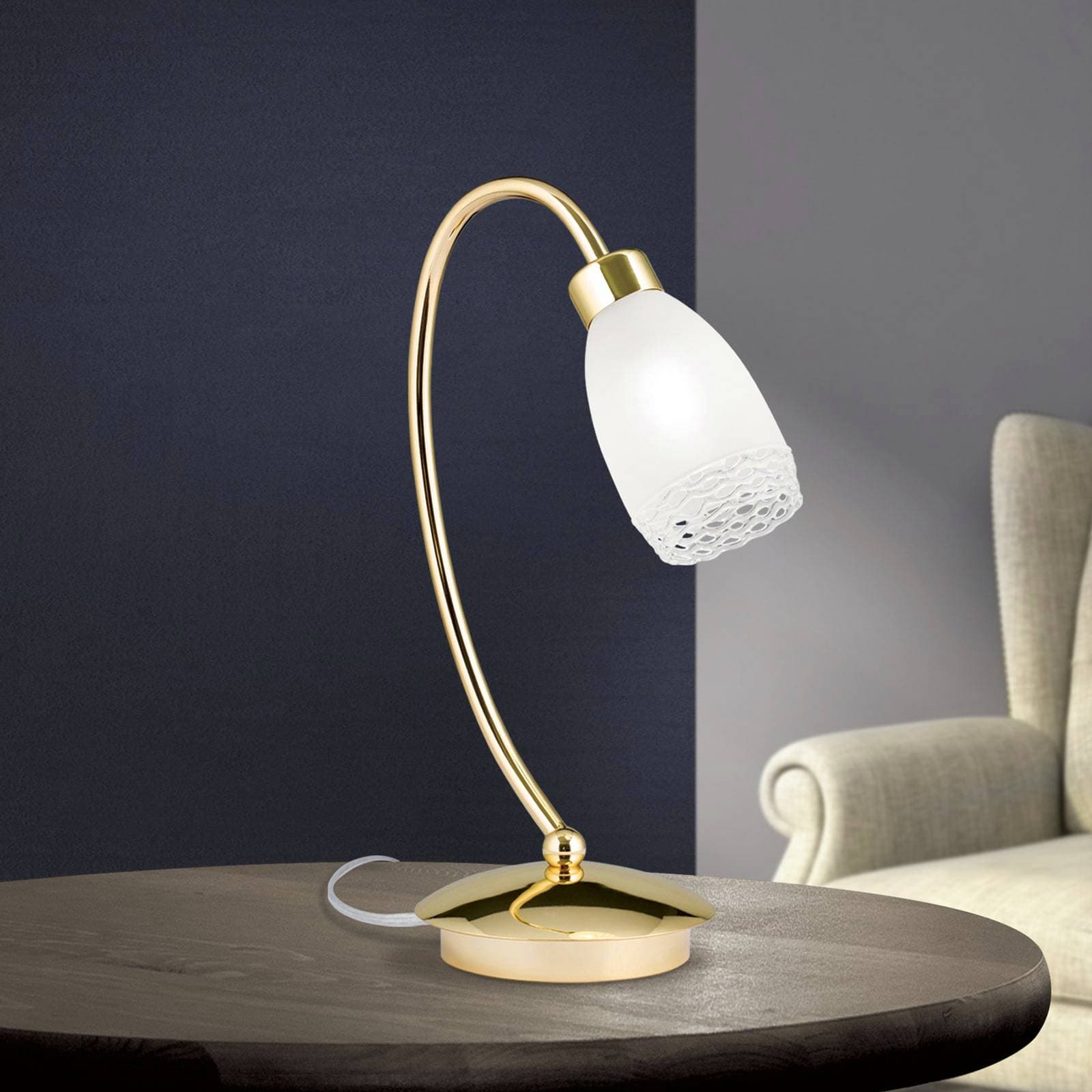 Stolová lampa CARLA, mosadzová farba, výška 32 cm, kov/sklo