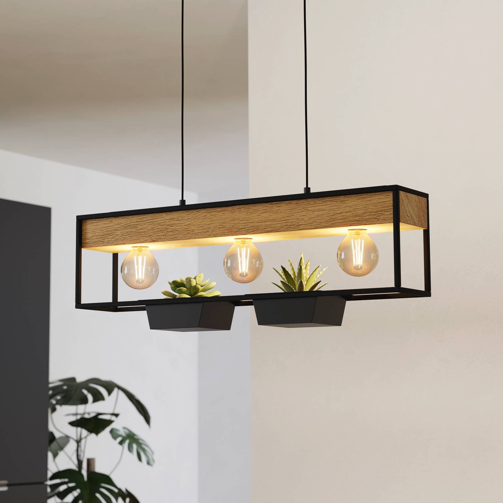 Závesná lampa Libertad 1, dĺžka 76 cm, čierna/drevo, 3 svetlá.