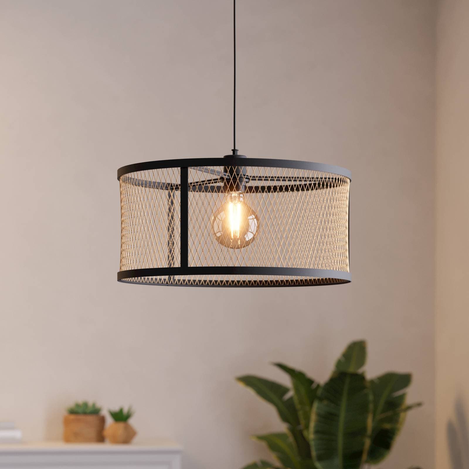 Závesná lampa Dellow, Ø 45 cm, čierna/mosadzná farba, oceľ