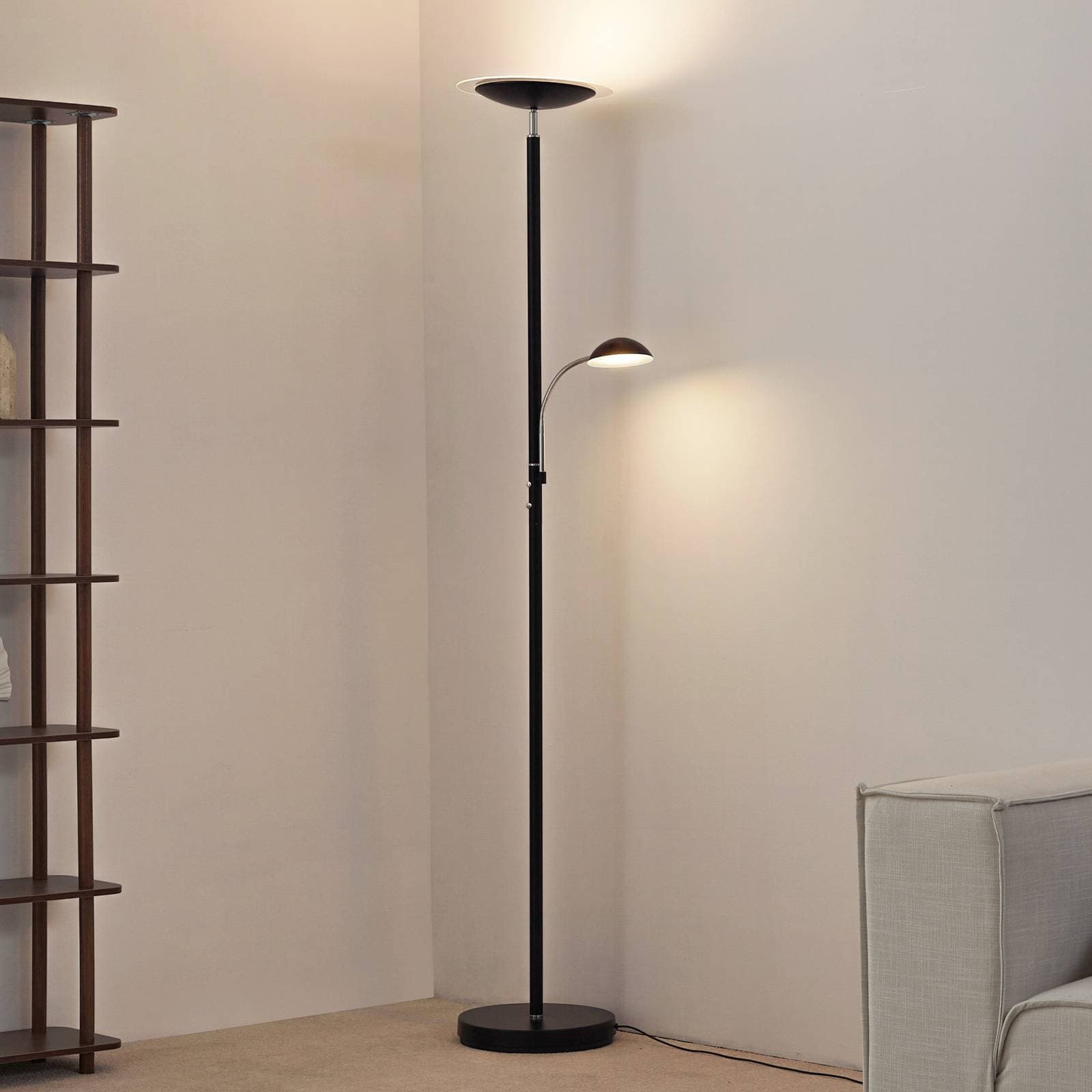 Lindby LED stojacia lampa Malea, čierna, lampa na citanie, stmievateľné