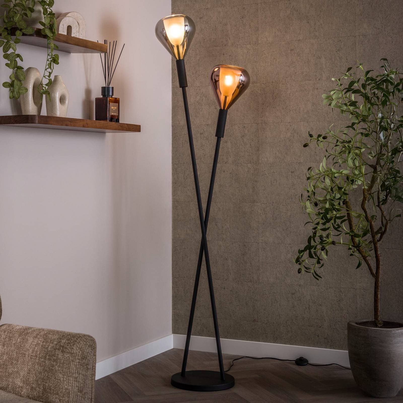 Stojacia lampa Wings, čierne/medené/chrómové, 2-pl., 175 cm, G9