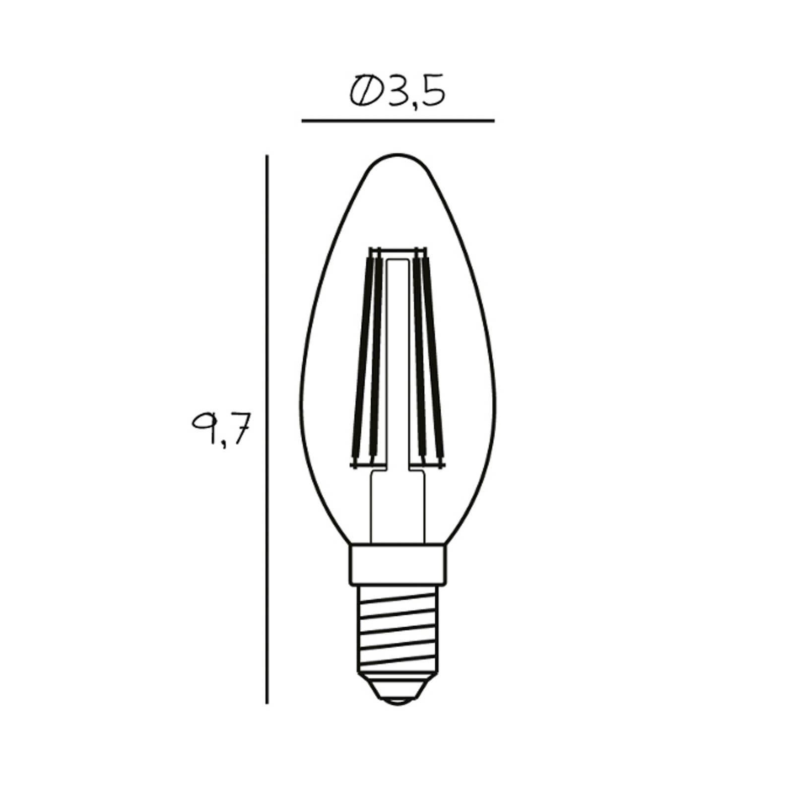 LED žiarovka v tvare sviečky E14, 3,5 W, 2 200 K, vlákno, stmievateľné