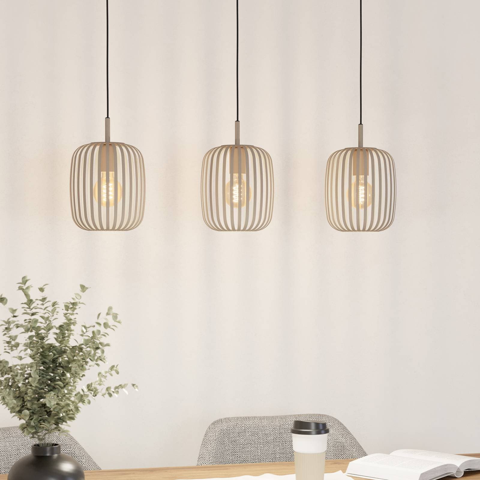 Závesné svietidlo Romazzina, béžové, dĺžka 90 cm, 3-pl., kovové
