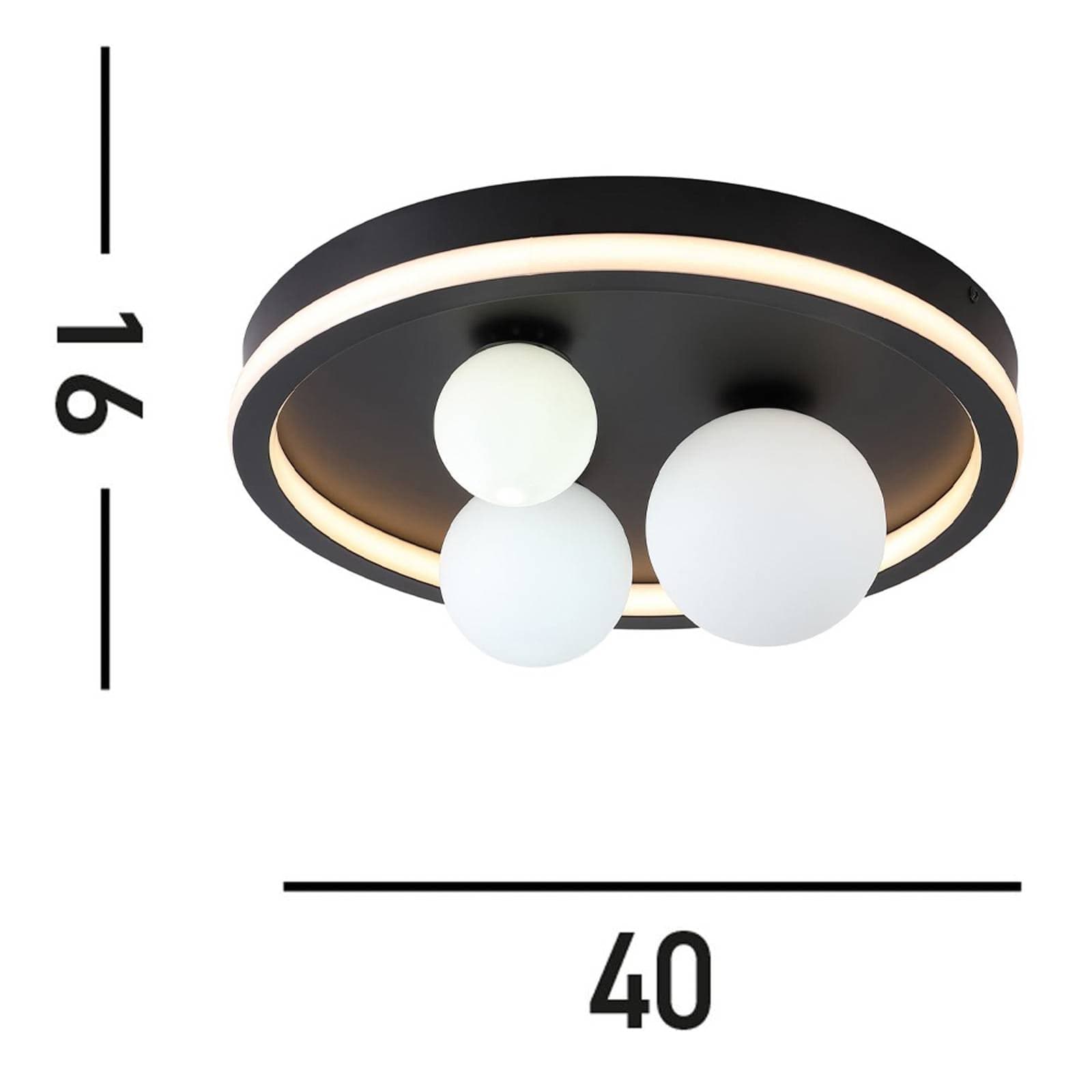 Stropné svietidlo Trident LED, čierne, Ø 40 cm, oceľ/opálové sklo