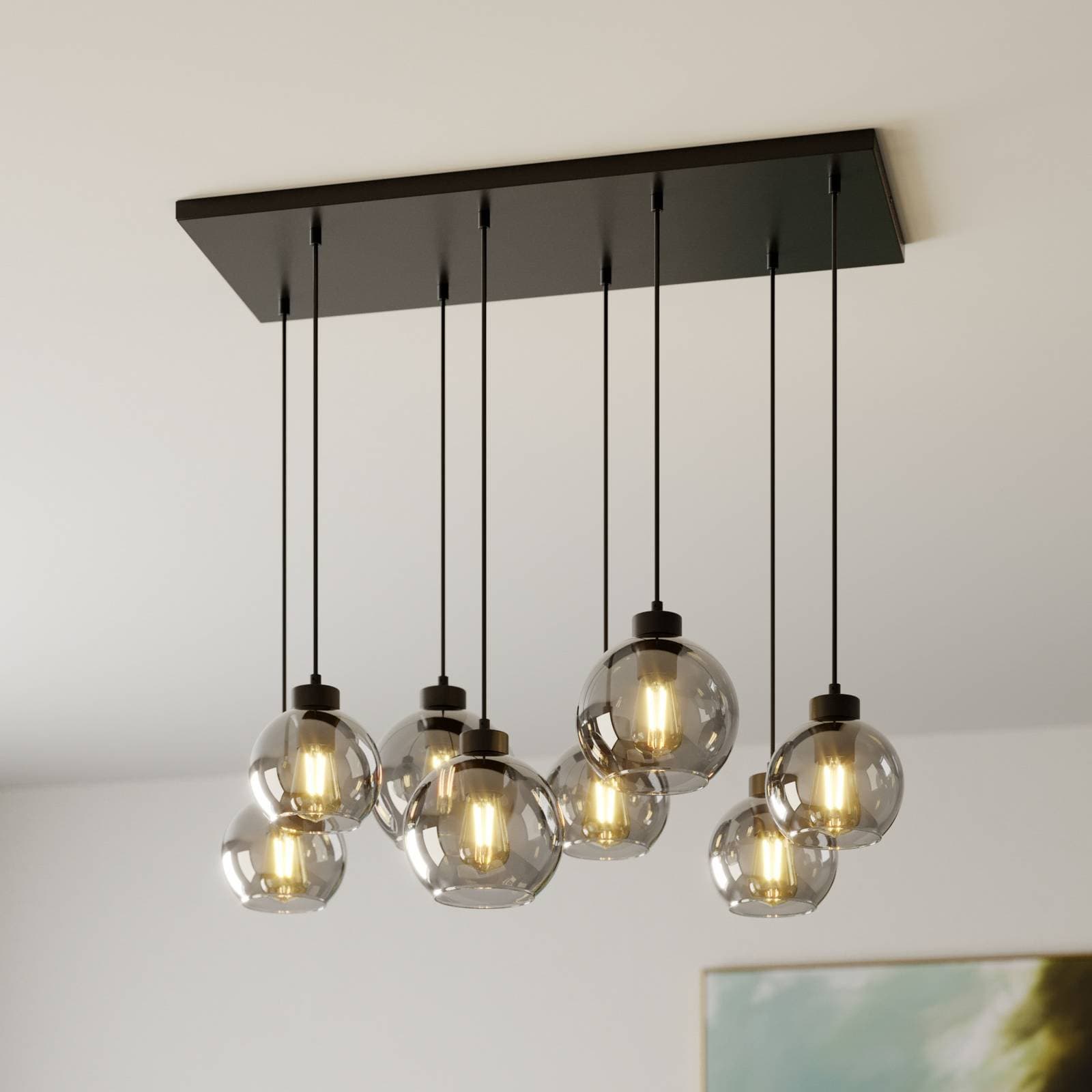 Závesné svietidlo Cubus, dĺžka 95 cm, 8-pl., dymovo šedá, sklo