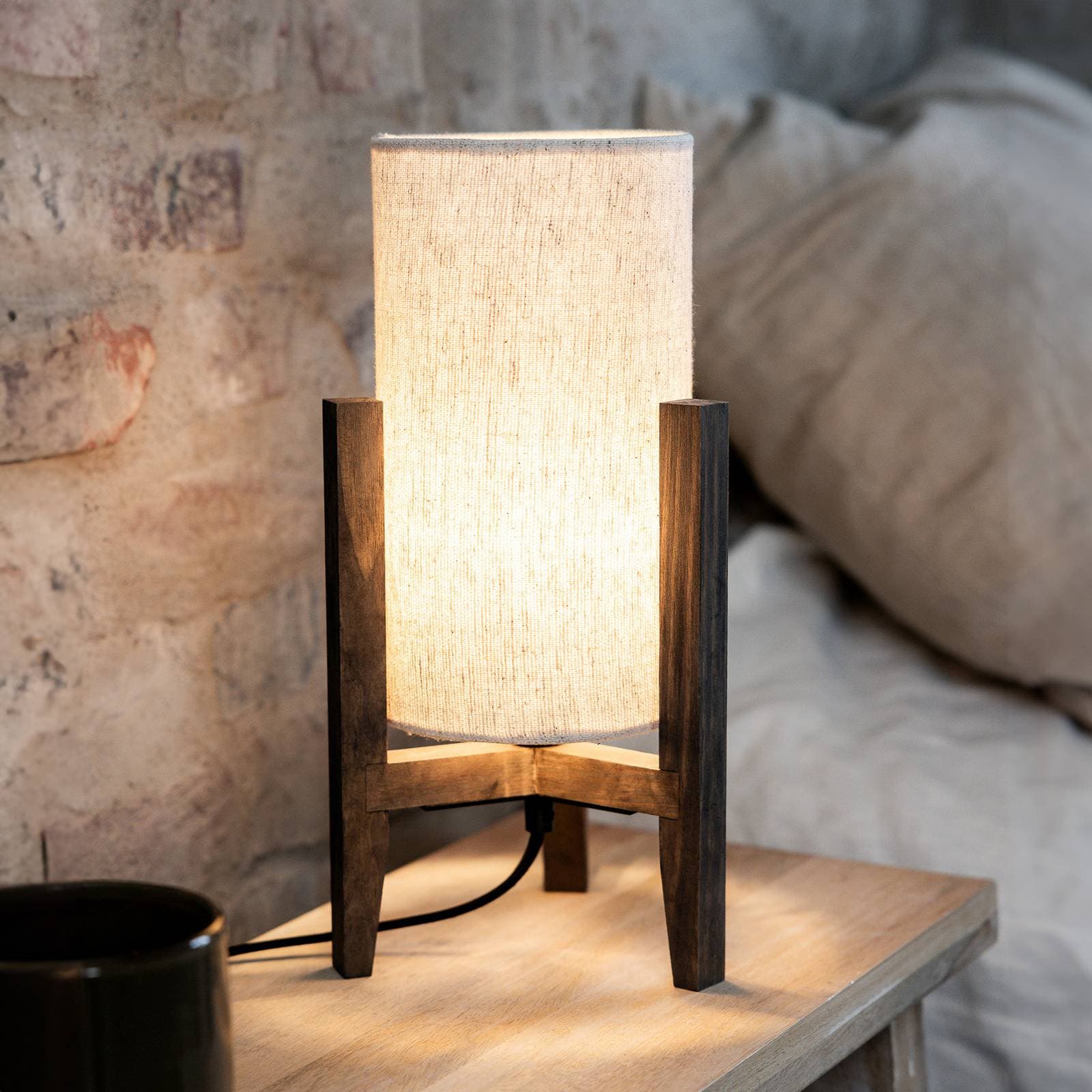 Stolová lampa Eruca, výška 34 cm, hnedá/béžová, drevo/ľan