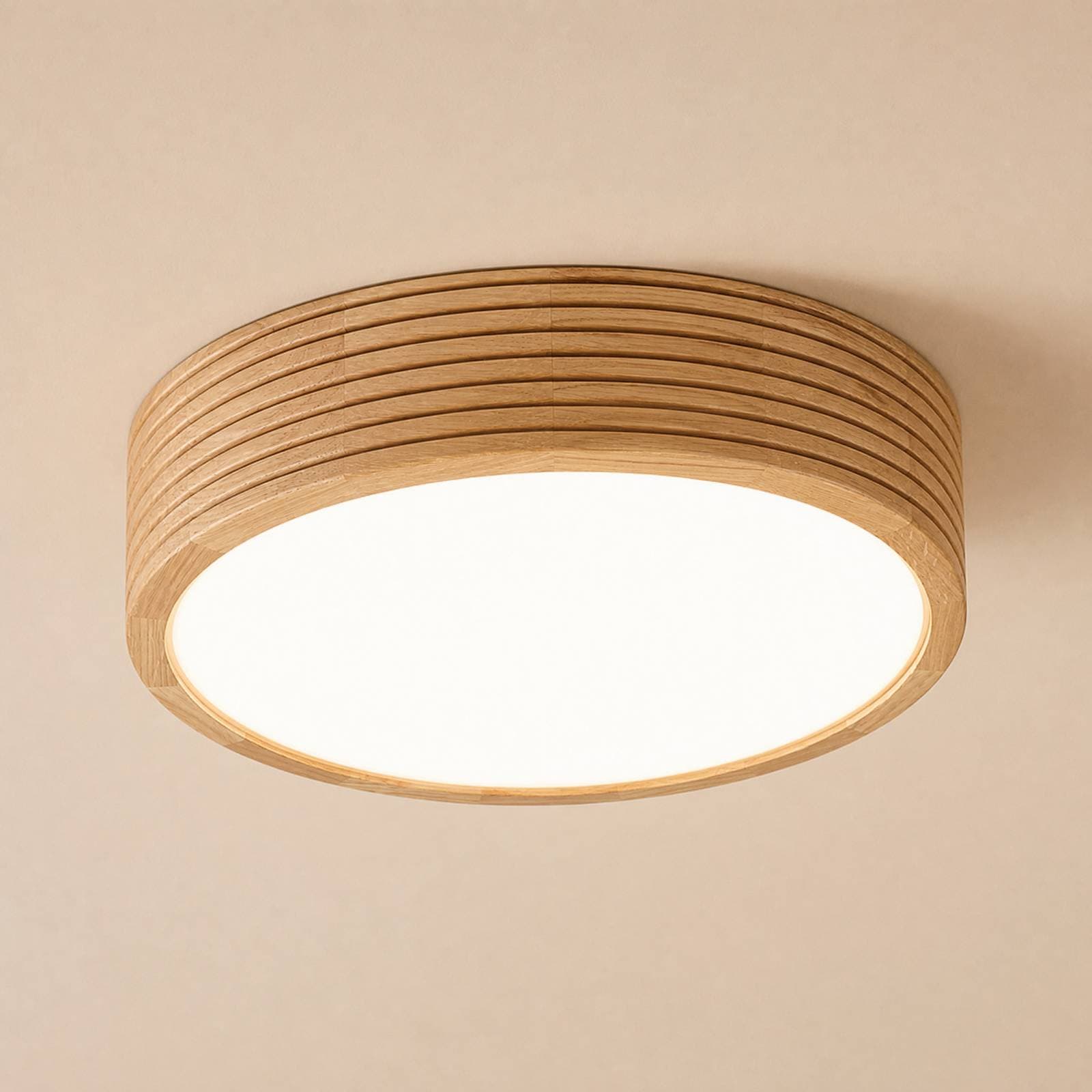 Stropné svietidlo Linaro, dubové drevo/sklo, Ø 38 cm, E27