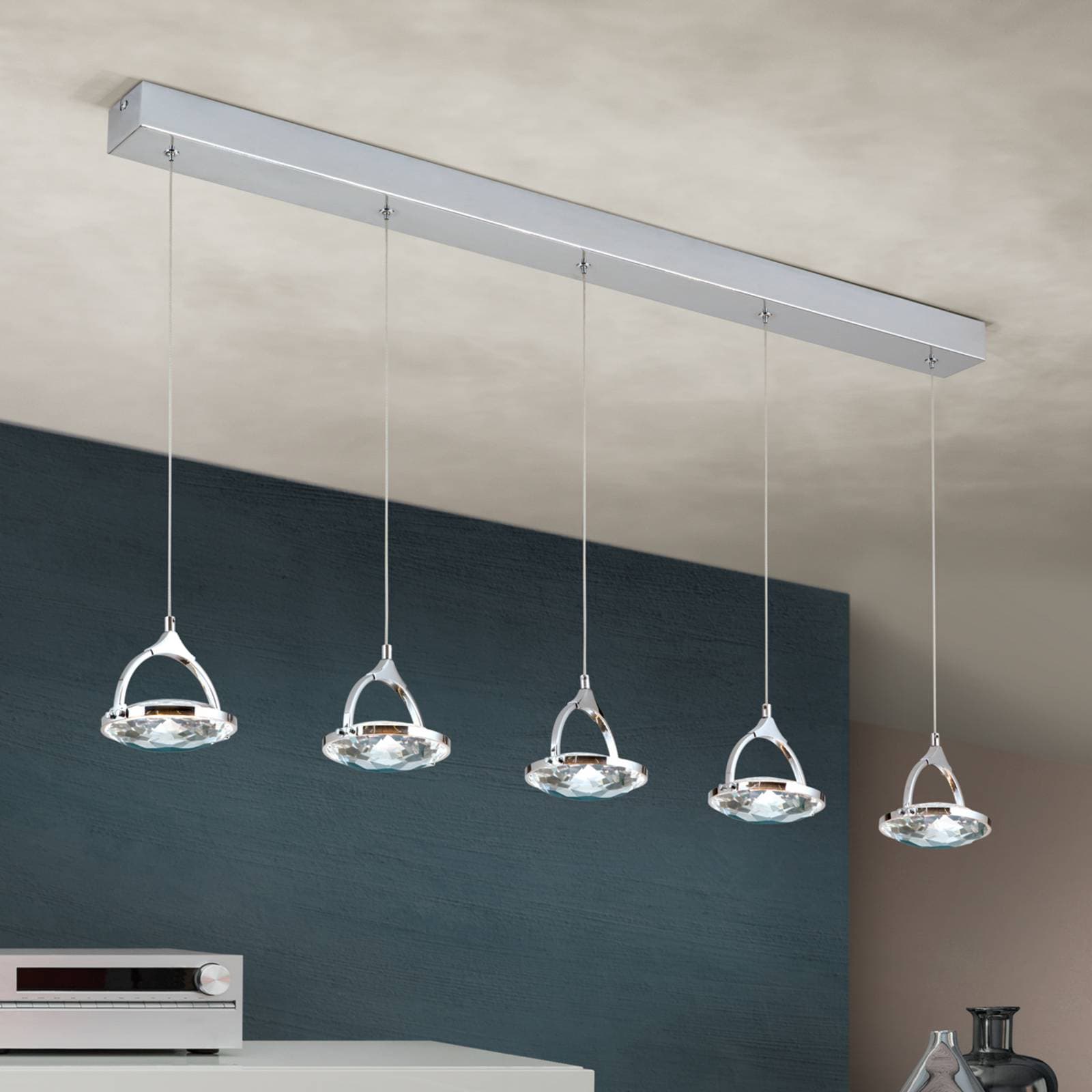 LED trámové závesné svietidlo Moon, 5-pl., chróm