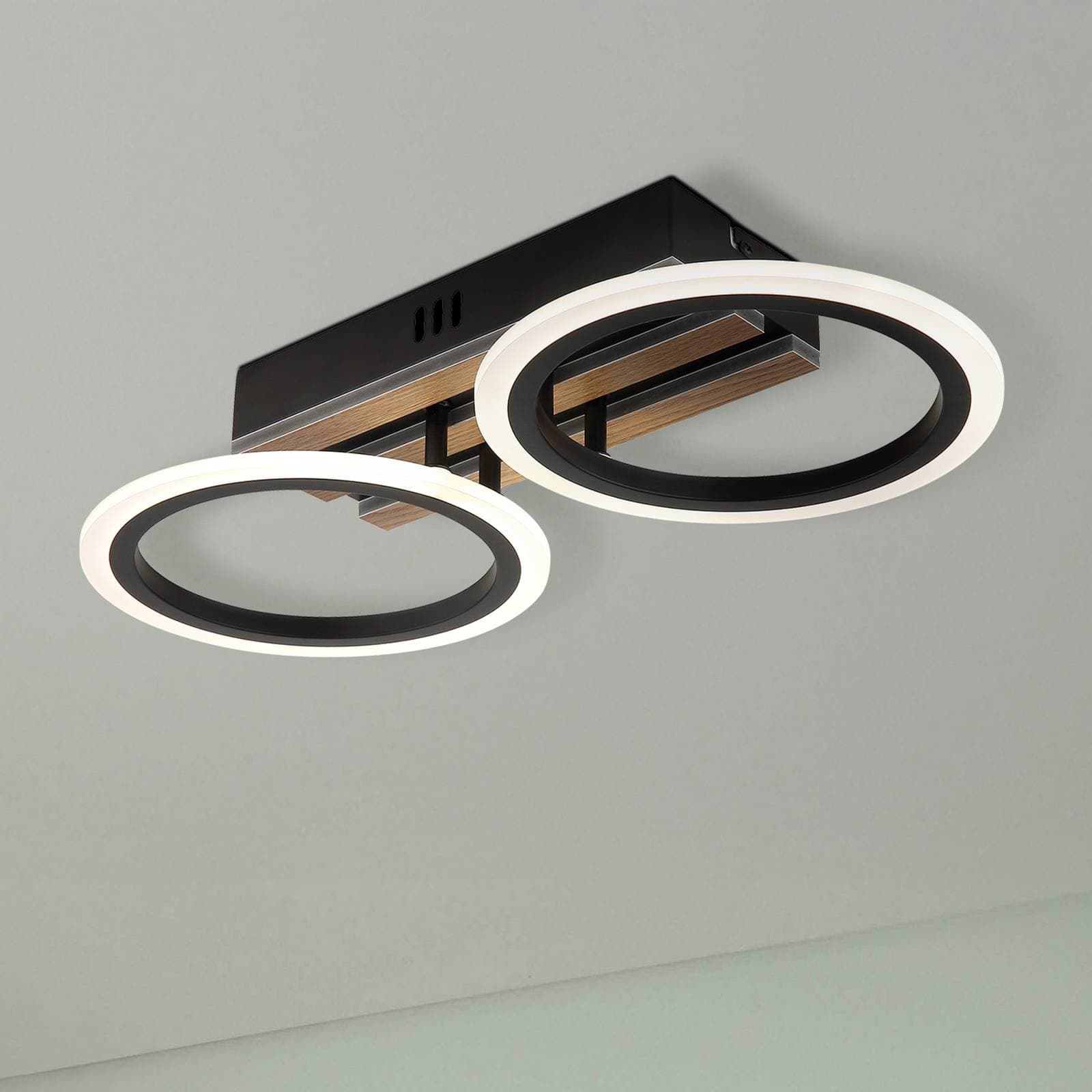 Stropné LED svetlo Blevins, 2-pl., čierne/v drevenom vzhľade, dĺžka 46 cm