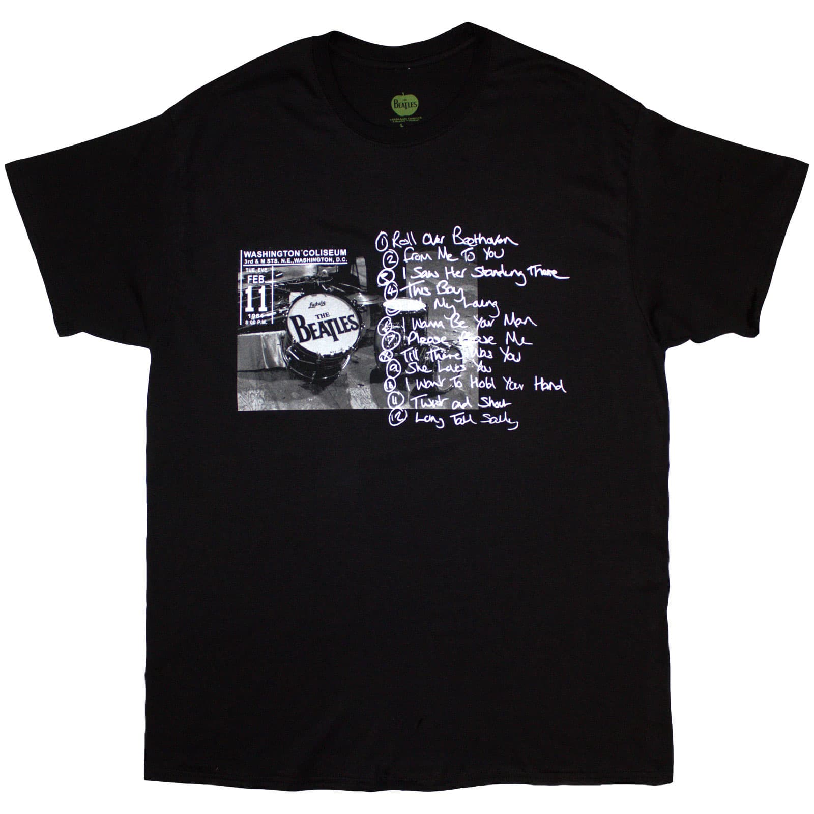 Tričko The Beatles - Washington '64 Drum Photo & Setlist, Unisex,Čierna,S