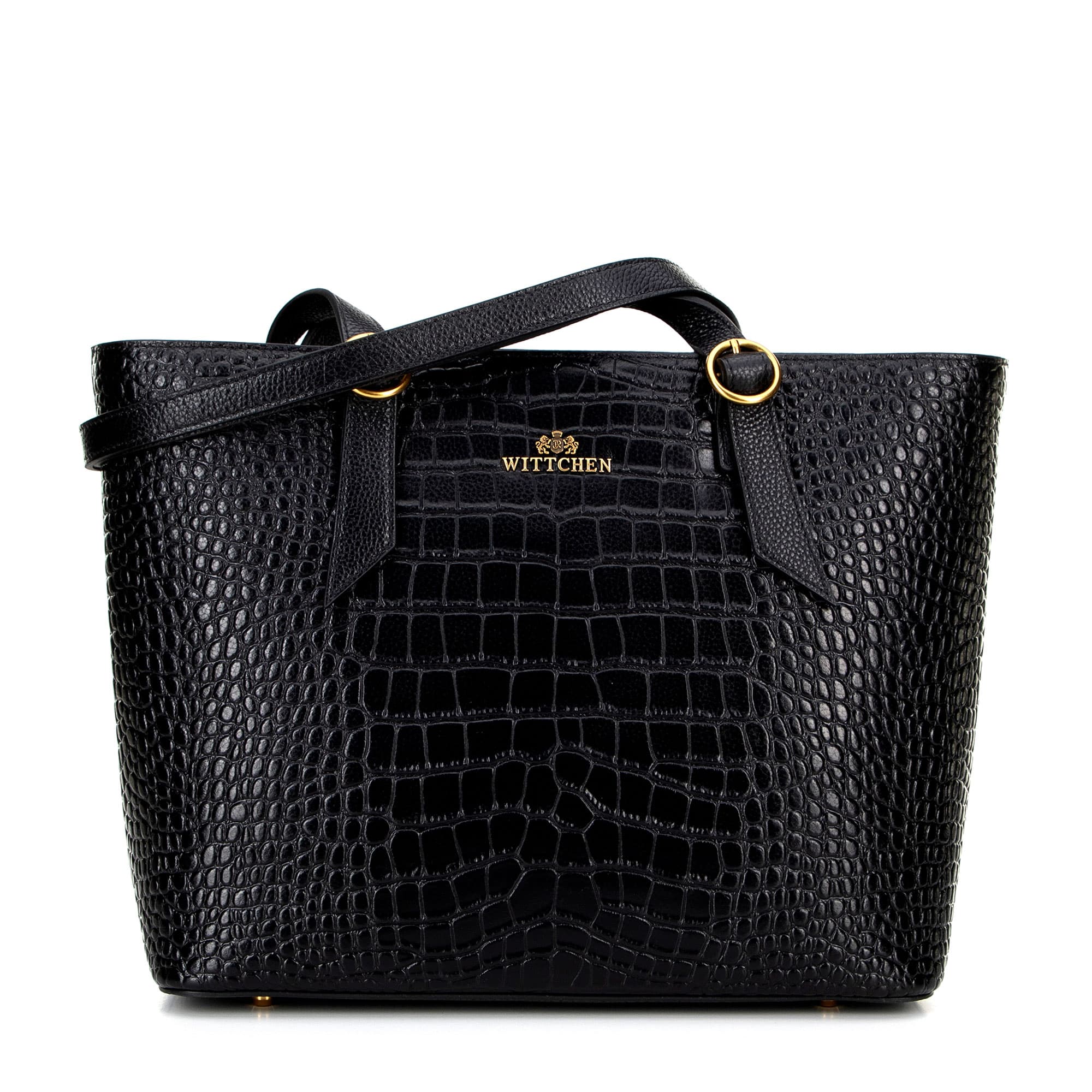Dámska shopperka z kože croco čierna so zlatým logom 100-4E-623-1G