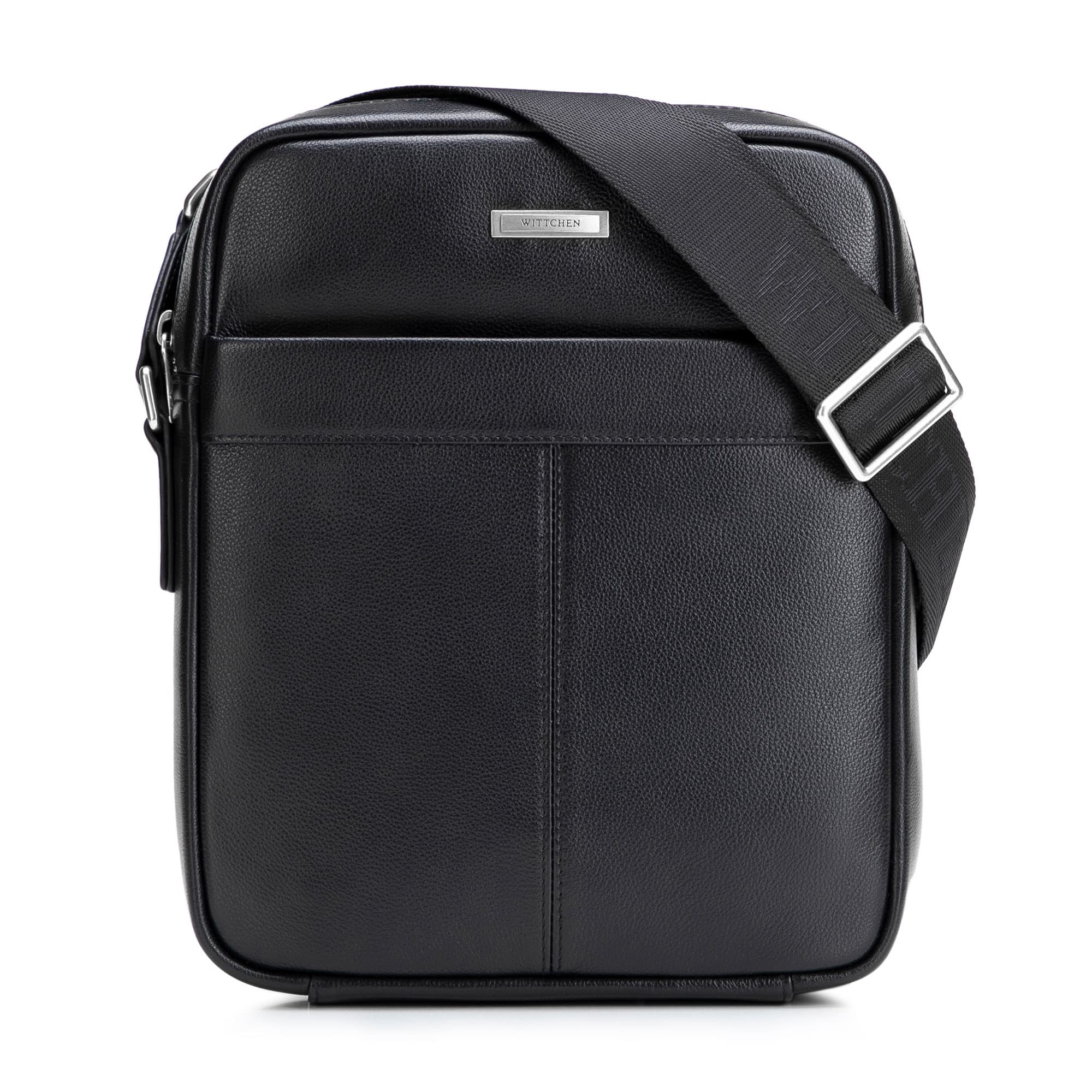 Malá pánska kožená crossbody taška s prešívaním čierno-strieborná 102-4U-605-1S