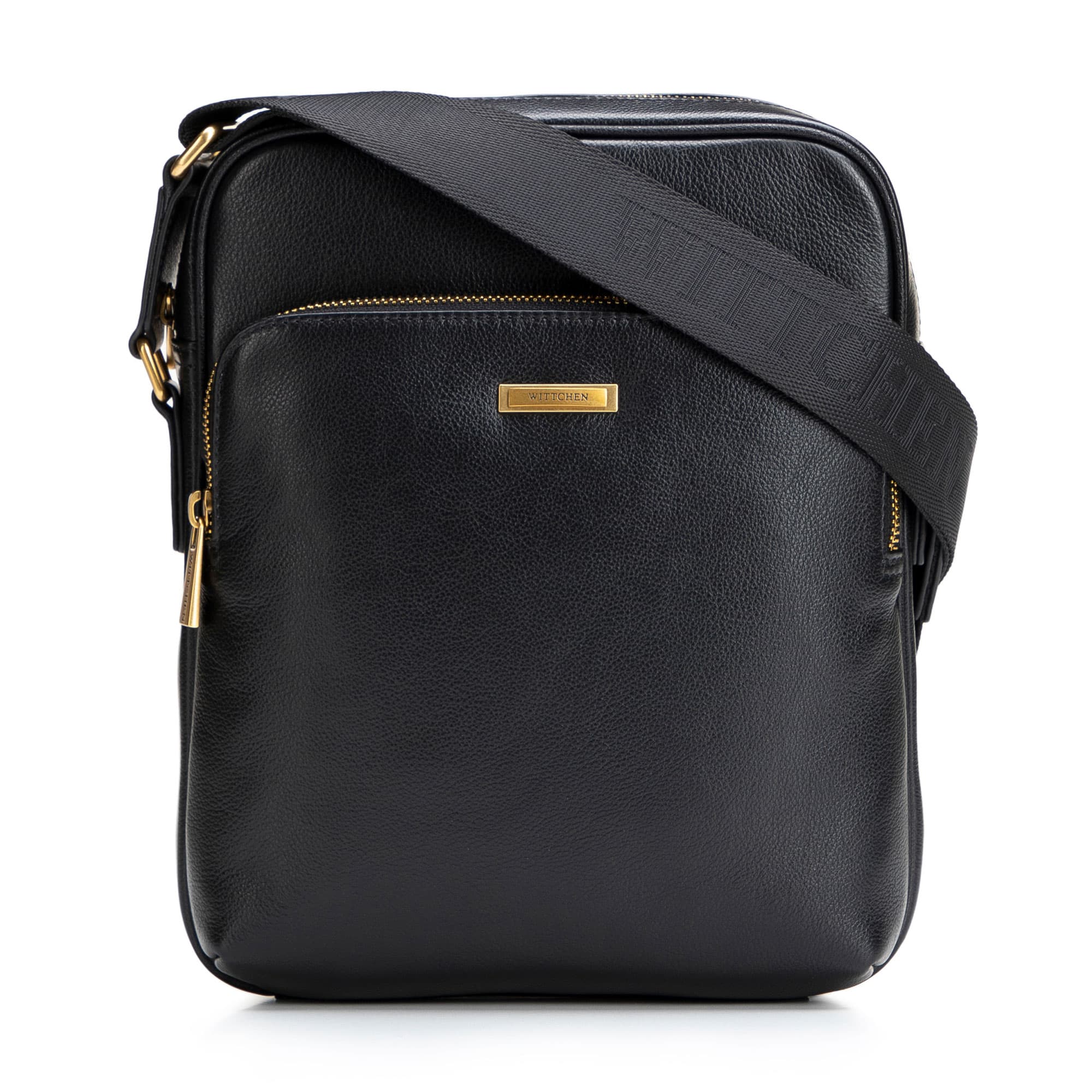 Malá pánska kožená crossbody taška s prídavným vreckom čierno-zlatá 102-4U-603-1G