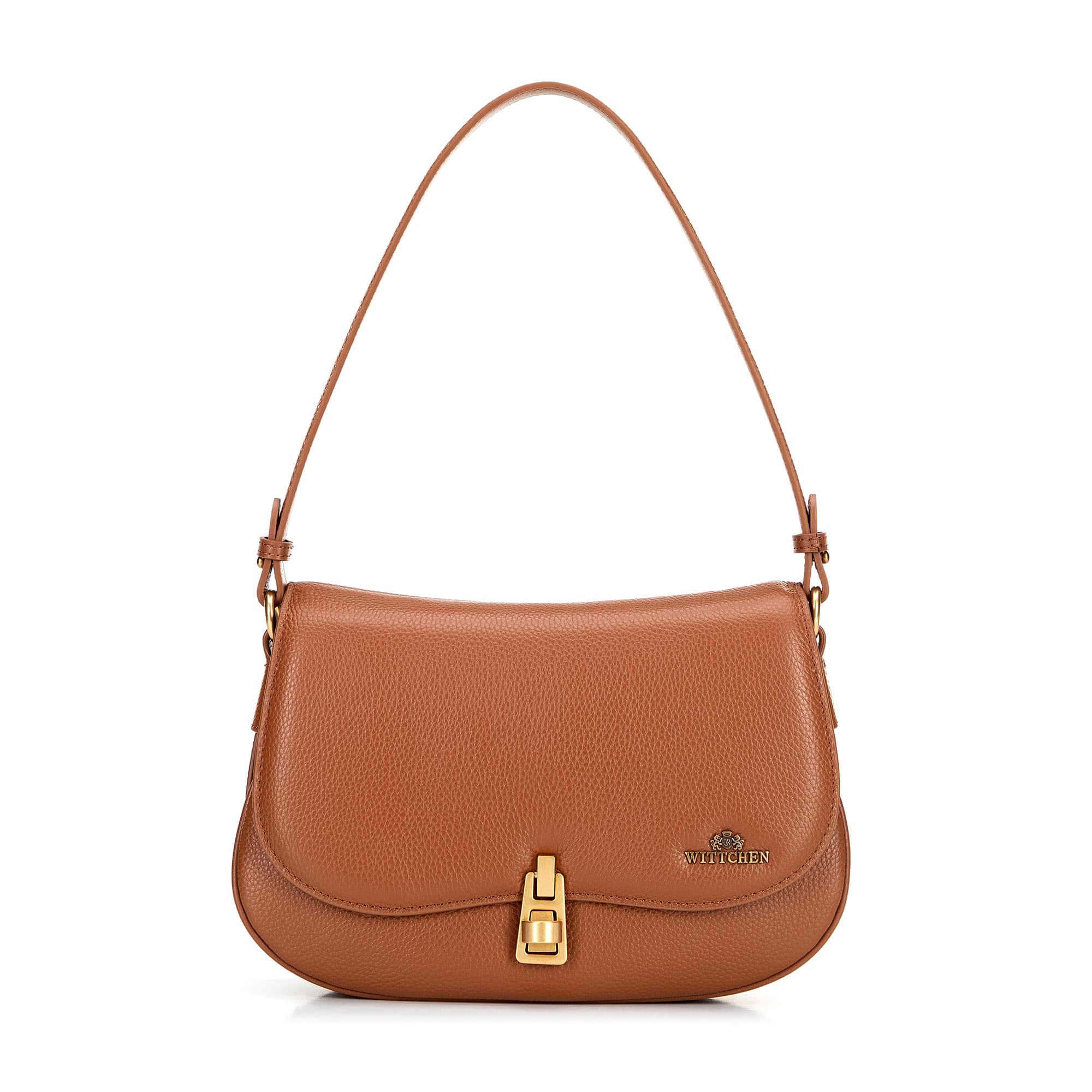 Hnedá dvojkomorová sedlová crossbody kabelka z prírodnej kože s ozdobnými cvokmi a kovovou sponou 102-4E-664-5