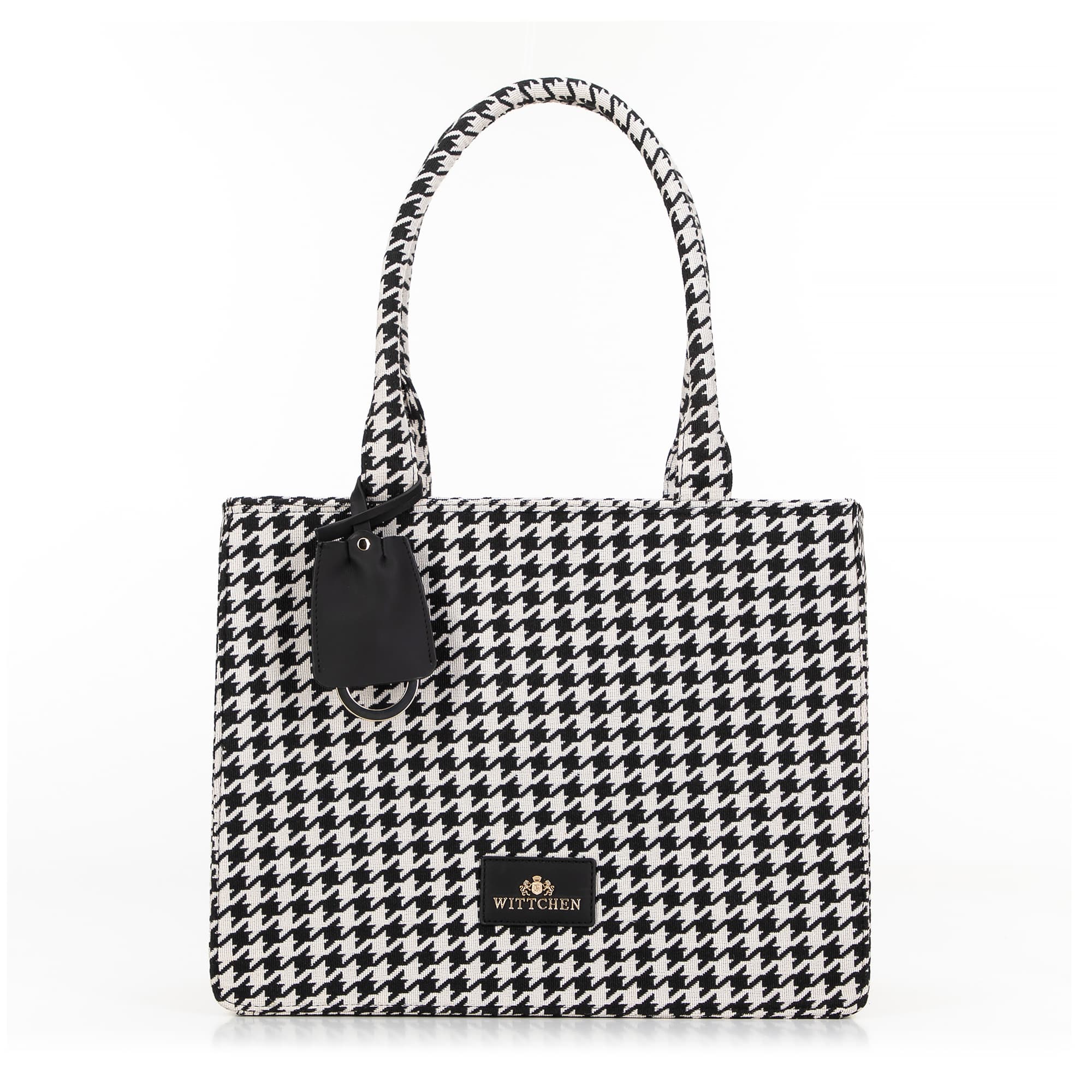 Dámska shopper kabelka zo žakáru čierno-krémová so strapcom 99-4E-501-X3