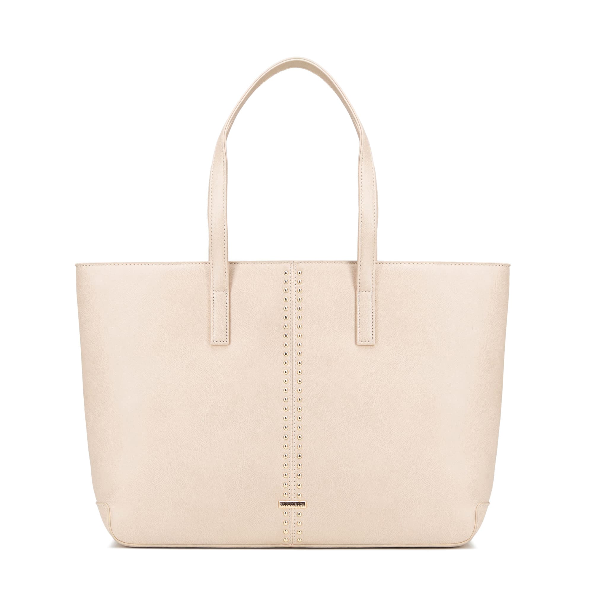 Dámska shopper kabelka z imitácie kože béžová s ozdobnými nitmi 100-4Y-209-0