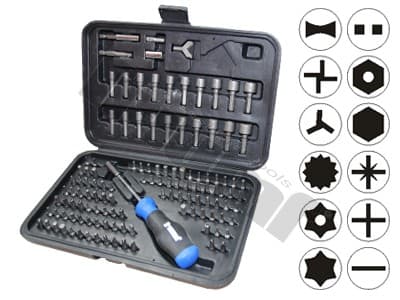 Sada 1/4" bitov, hlavíc, adaptérov + skrutkovačov pre bity,122-dielna