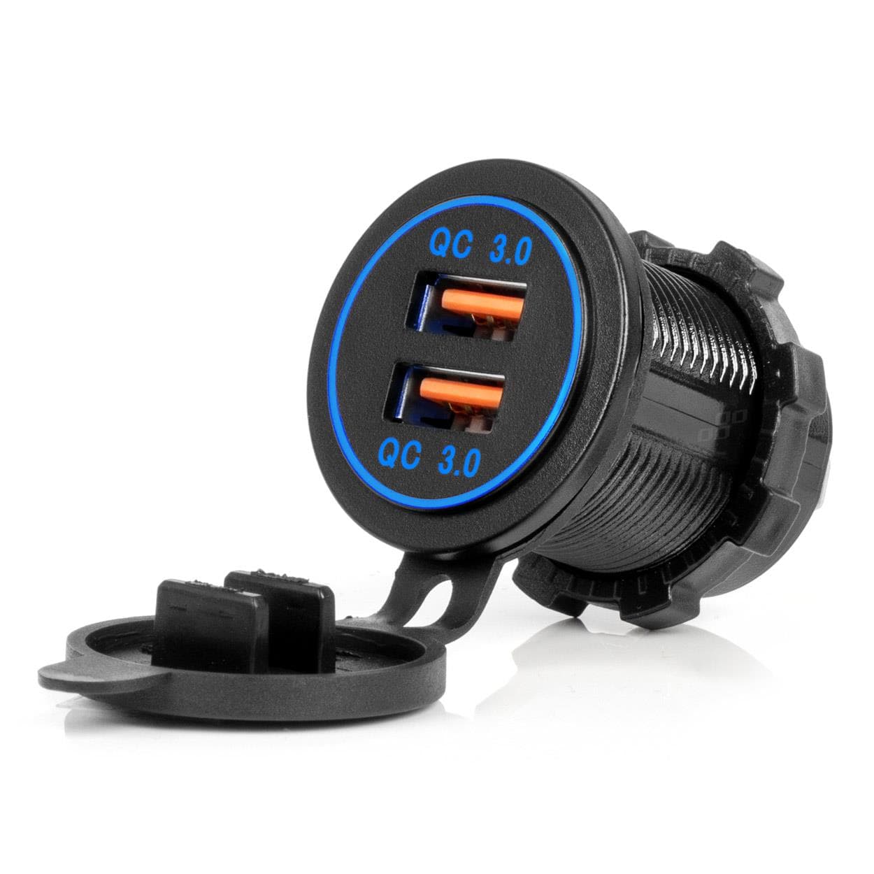 Vodotesná nabíjačka s MODRÝM LED podsvietením 2xUSB QC3.0 12/24V AMiO-04218