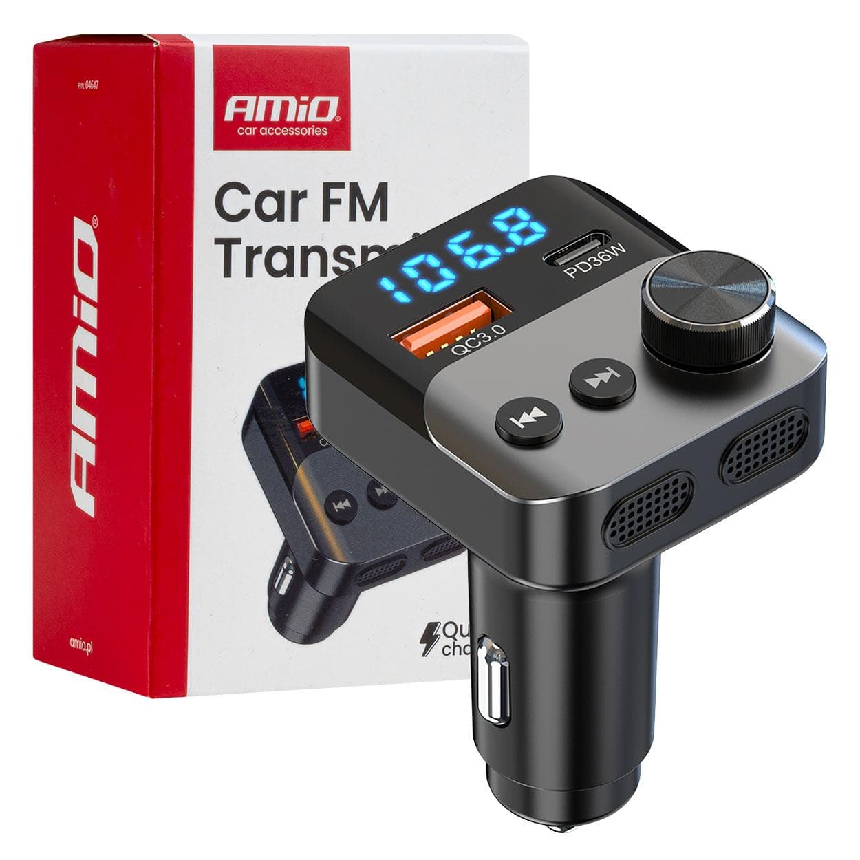 FM transmitter 1×USB-A 1×USB-C 12/24V AMiO-04647
