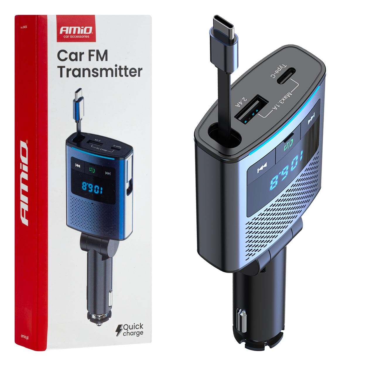 FM transmitter 1×USB-A 1×USB-C 12/24V AMiO-04656