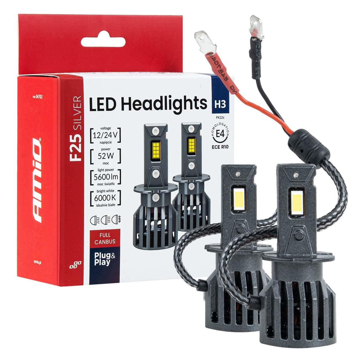 LED žiarovky hlavného svietenia F25 SILVER CANBUS H3 52W 12V 24V AMiO-04702