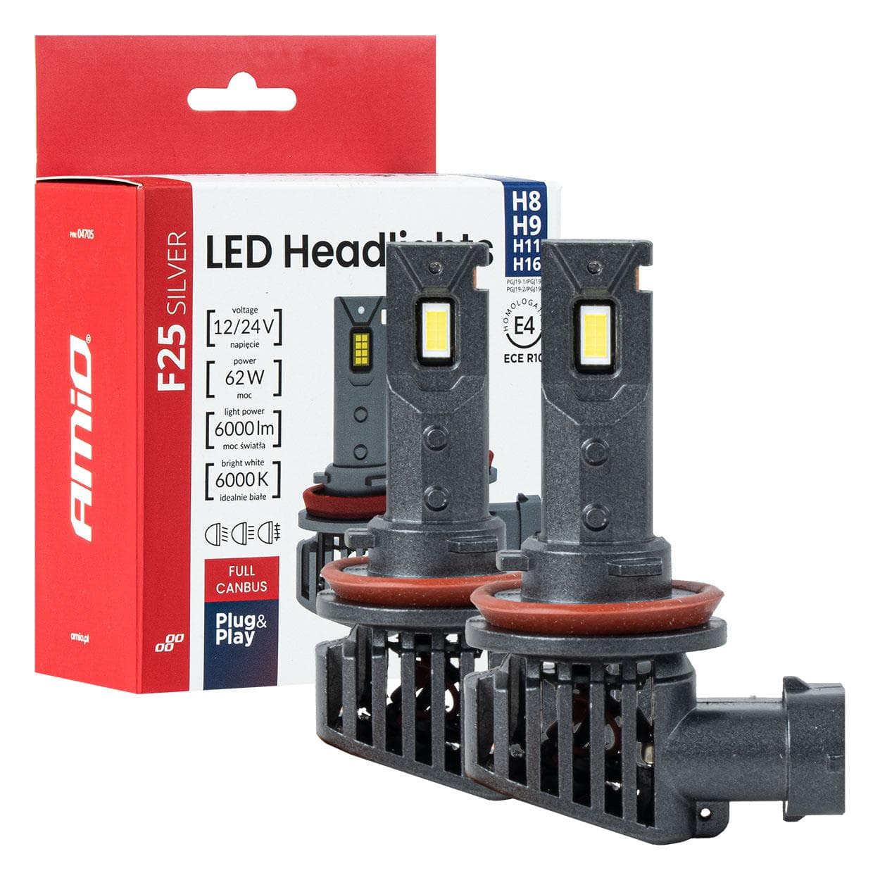 LED žiarovky hlavného svietenia F25 SILVER CANBUS H8/H9/H11/H16 62W 12/24V AMiO-04705