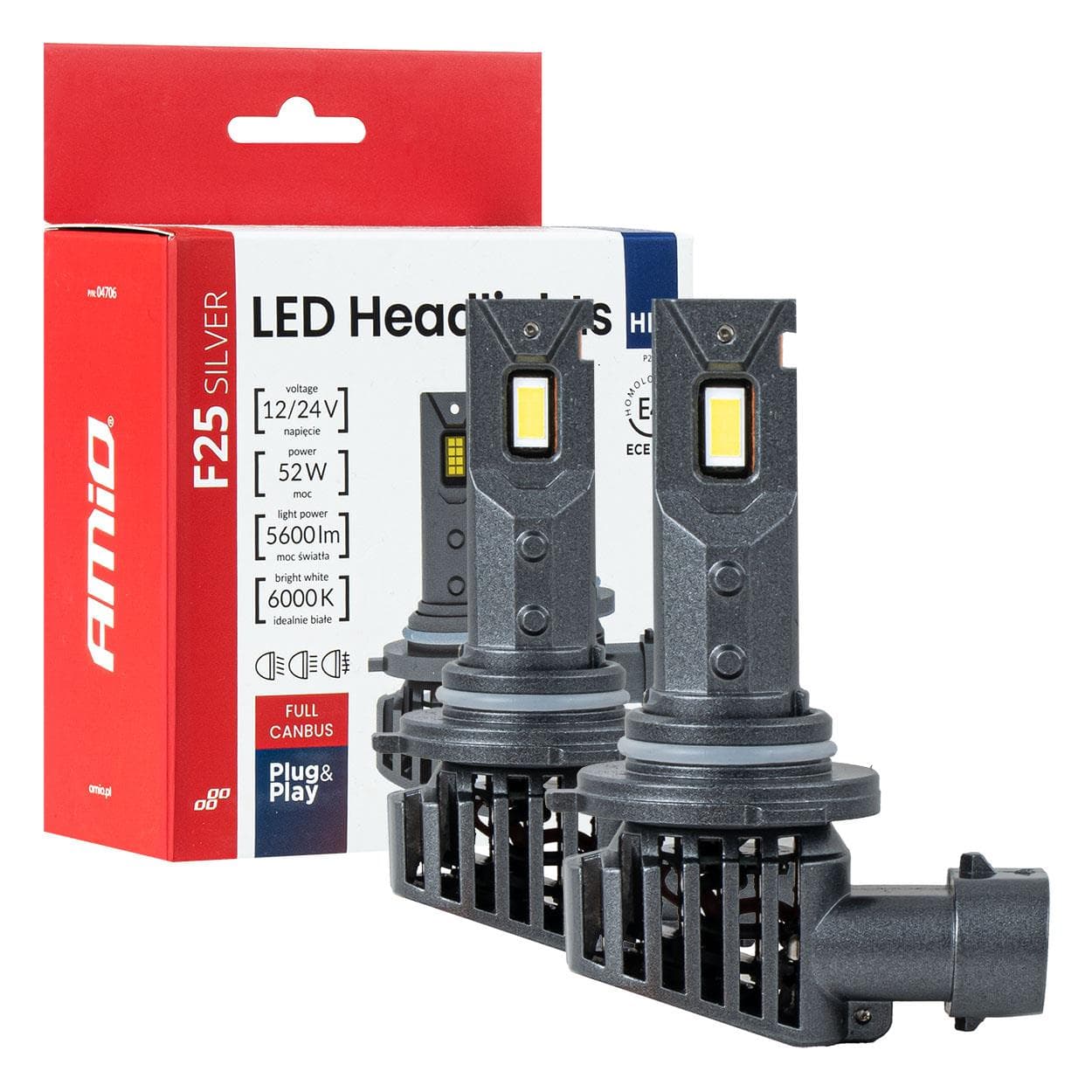 LED žiarovky hlavného svietenia F25 SILVER CANBUS HB3 9005 52W 12V 24V AMiO-04706