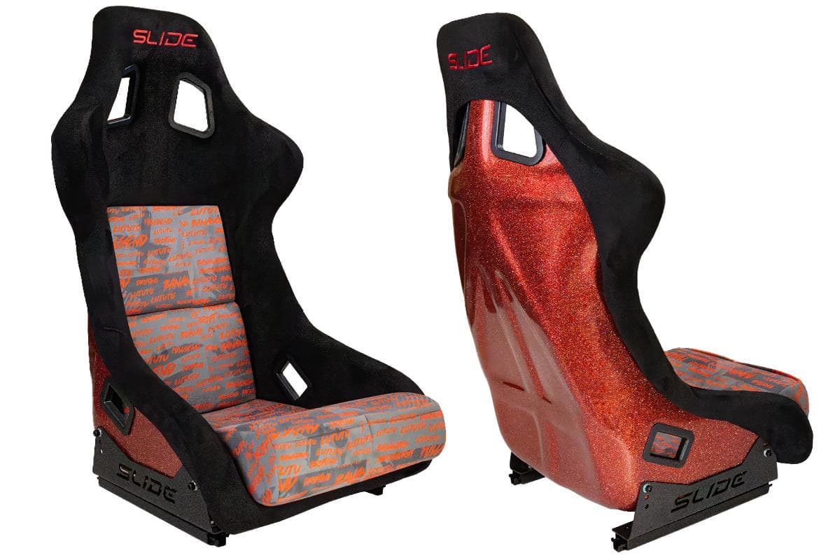 Športová sedačka SLIDE KS2 Premium Black Personal Words Welur & Red Glitter