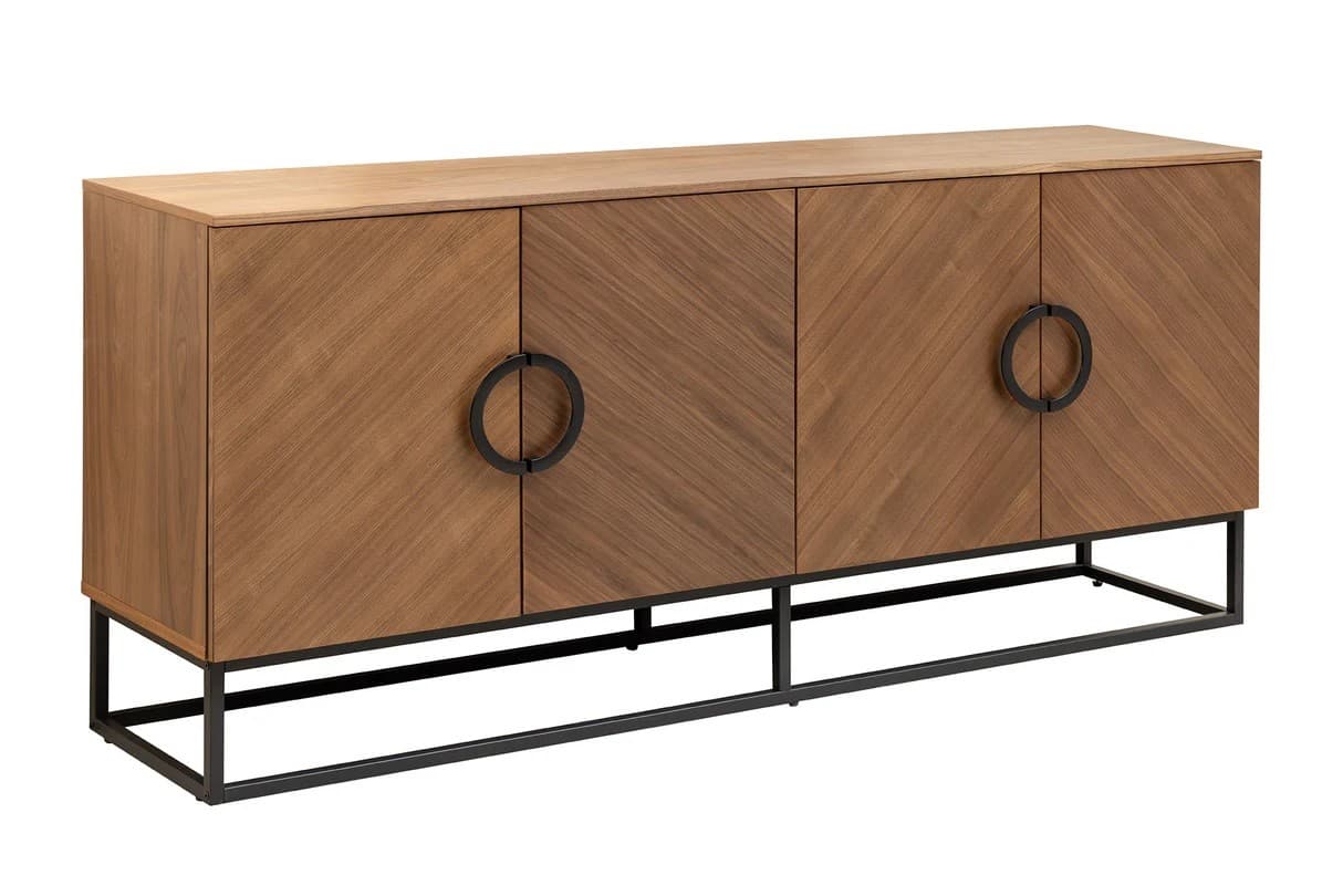 Estila Dizajnový art deco štvordverový príborník Arkline v orechovom hnedom prevedení s chevron vzorom s čiernymi detailmi 180 cm