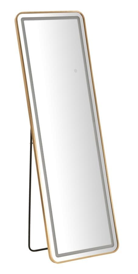 Estila Moderné glamour stojace zrkadlo Leanor s obdĺžnikovým zlatým kovovým rámom a LED osvetlením 160 cm