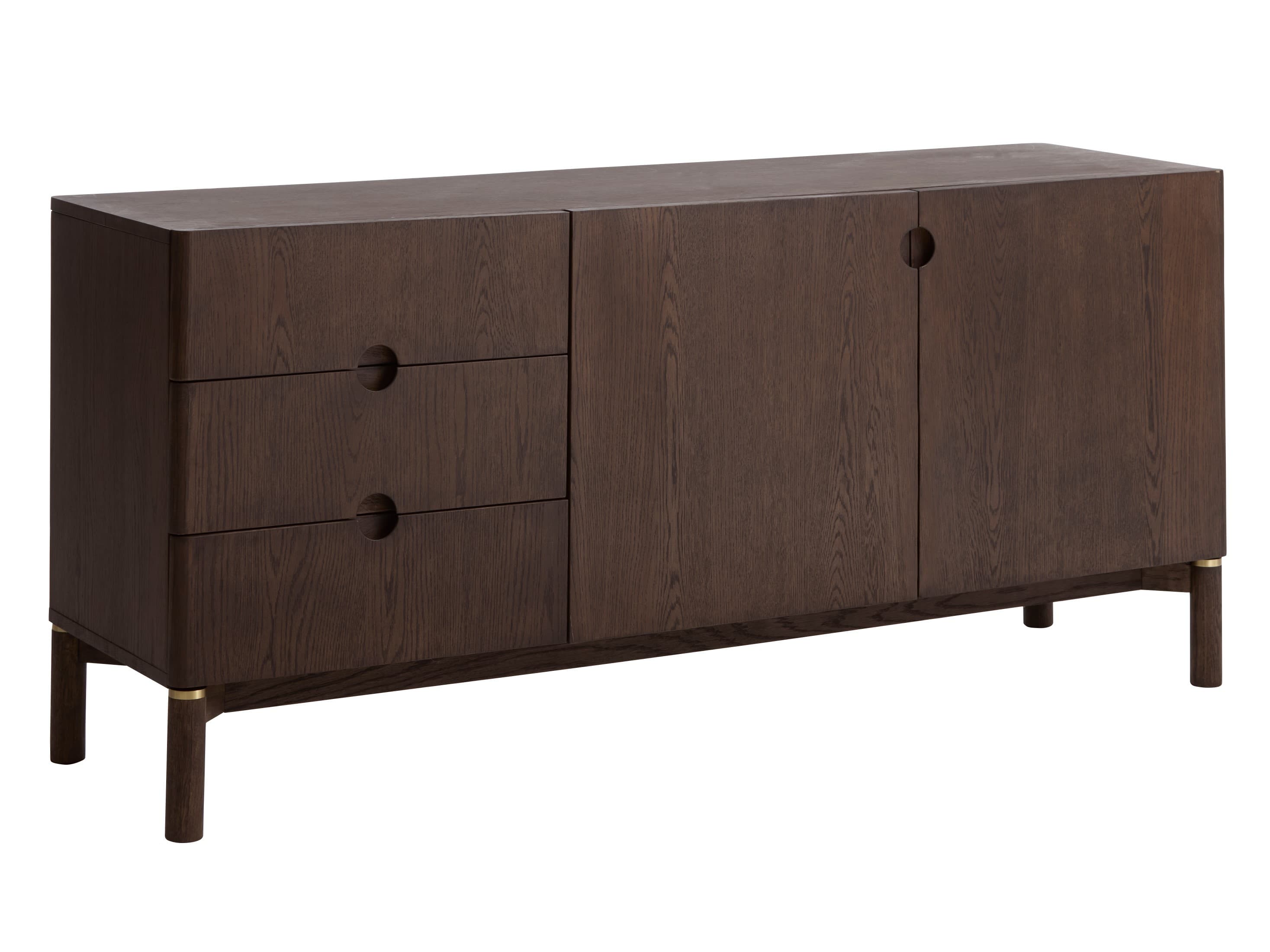 Estila Moderný art deco dvojdverový príborník Linia s tromi zásuvkami s okrúhlymi úchytkami v tmavom hnedom dubovom prevedení 160 cm