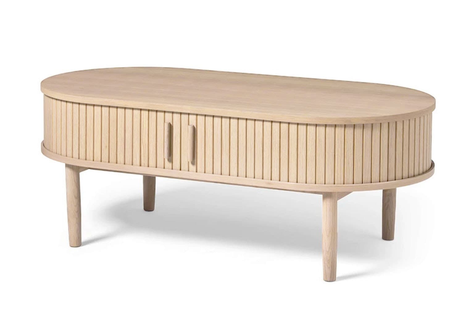Estila Škandinávsky oválny dubový konferenčný stolík Alborg s úložným priestorom s posuvnými dvierkami v svetlej hnedej farbe 120 cm