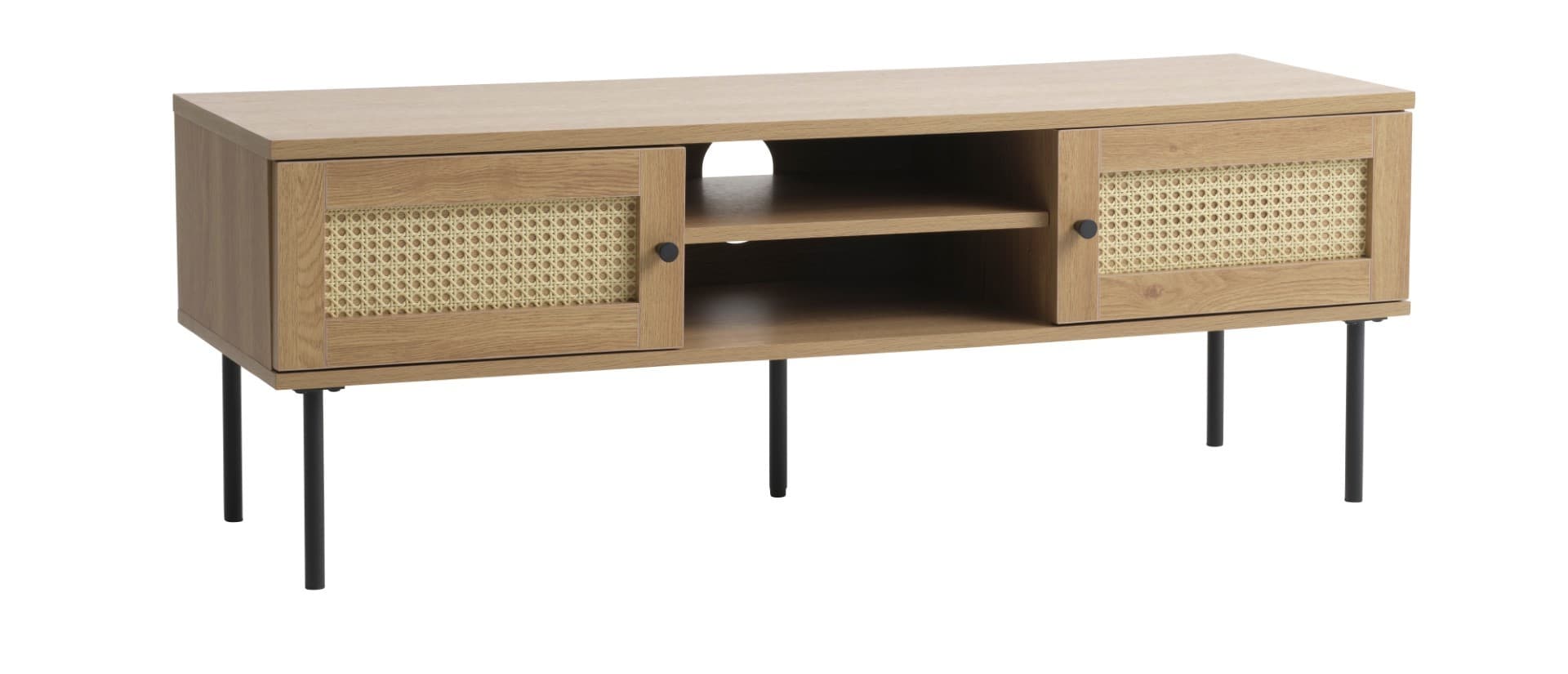 Estila Retro škandinávsky TV stolík Malmo vo svetlom hnedom dubovom dekore s ratanovým výpletom s dvomi dvierkami a policami 120 cm