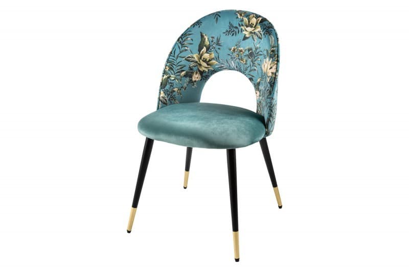 Estila Štýlová art deco čalúnená stolička Floreque v tyrkysovom vyhotovení s kvetinovou potlačou a kovovými nožičkami 83cm