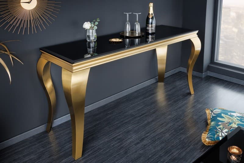 Estila Moderná baroková konzola do predsiene Gold Barock zlatá / čierna opálové sklo 140cm