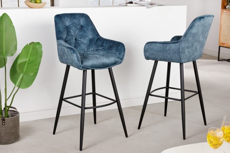 Estila Moderná Chesterfield barová stolička Mast zamatová modrá 107cm