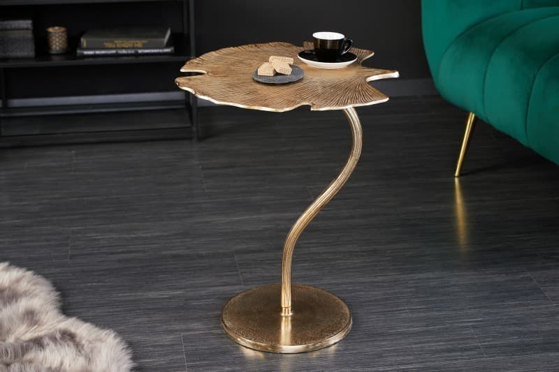Estila Art-deco dizajnový príručný stolík Ginko v tvare listu zlatý 53cm