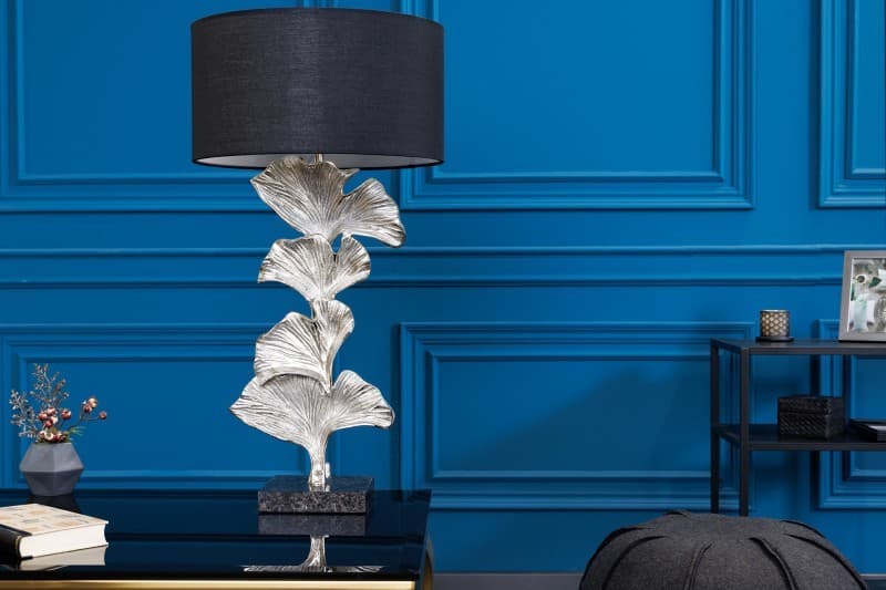 Estila Dizajnová art deco stolná lampa Ginko striebornej farby z kovu s čiernym okrúhlym tienidlom 70cm