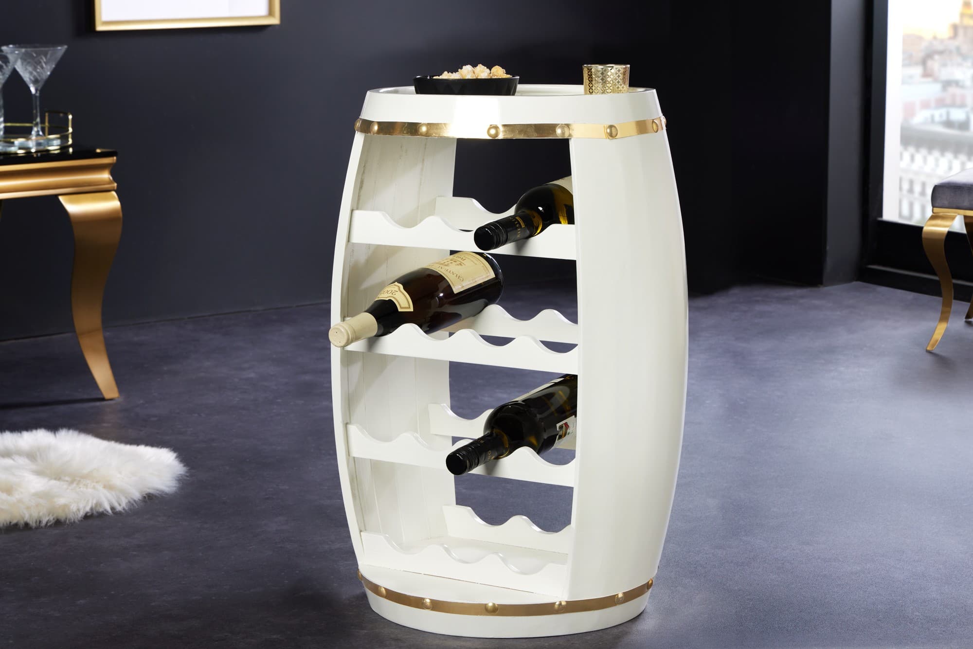 Estila Dizajnová vinotéka Crawley v art-deco štýle v tvare suda biela so zlatými detailami 63 cm