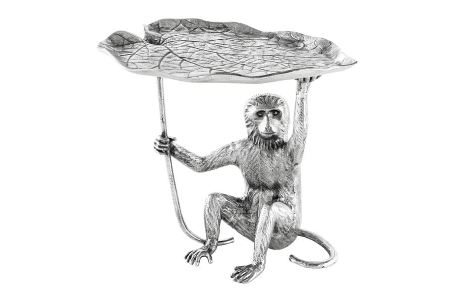 Estila Štýlový art deco strieborný príručný stolík Monkey z kovu so zvieracími motívmi v podobe listu a opice 55 cm