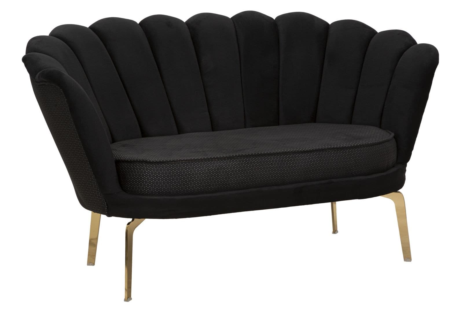 Estila Art deco dvojmiestna čalúnená zamatová sedačka Perla s prešívaným čiernym poťahom so zlatými kovovými nožičkami 136 cm